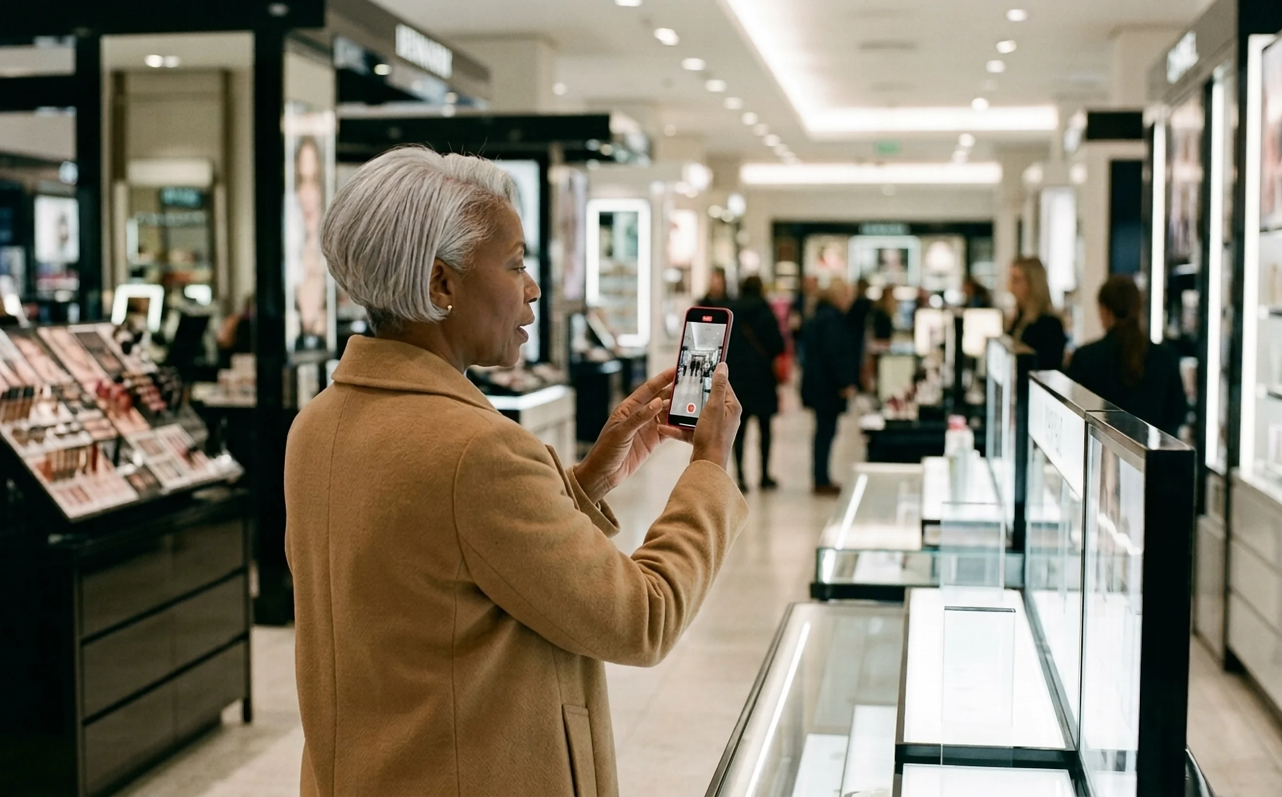 A shopper films an empty product counter while describing what she sees.