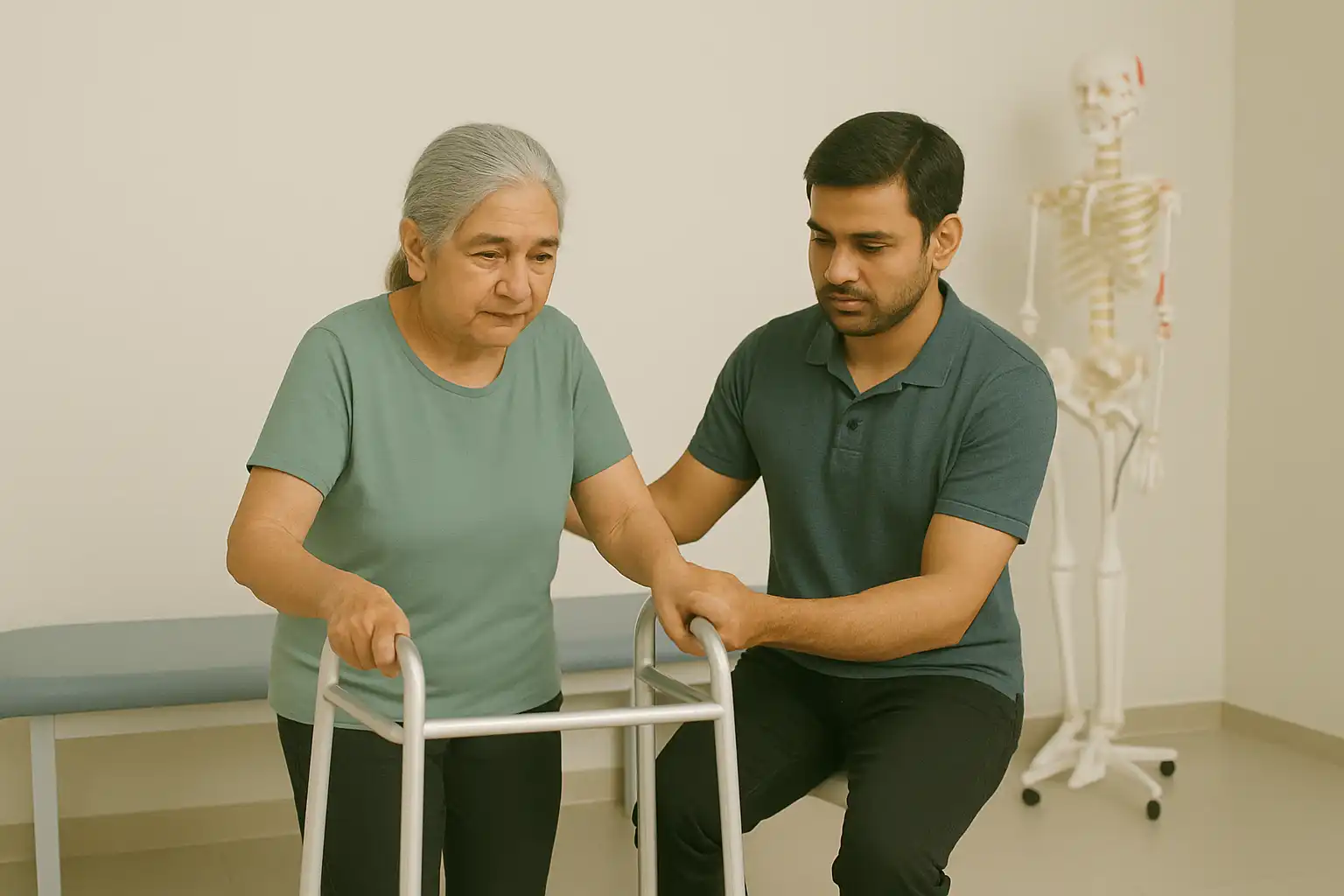 Physiotherapist supporting an elderly woman walking with a walker in a rehab clinic, demonstrating geriatric physiotherapy for balance and mobility.