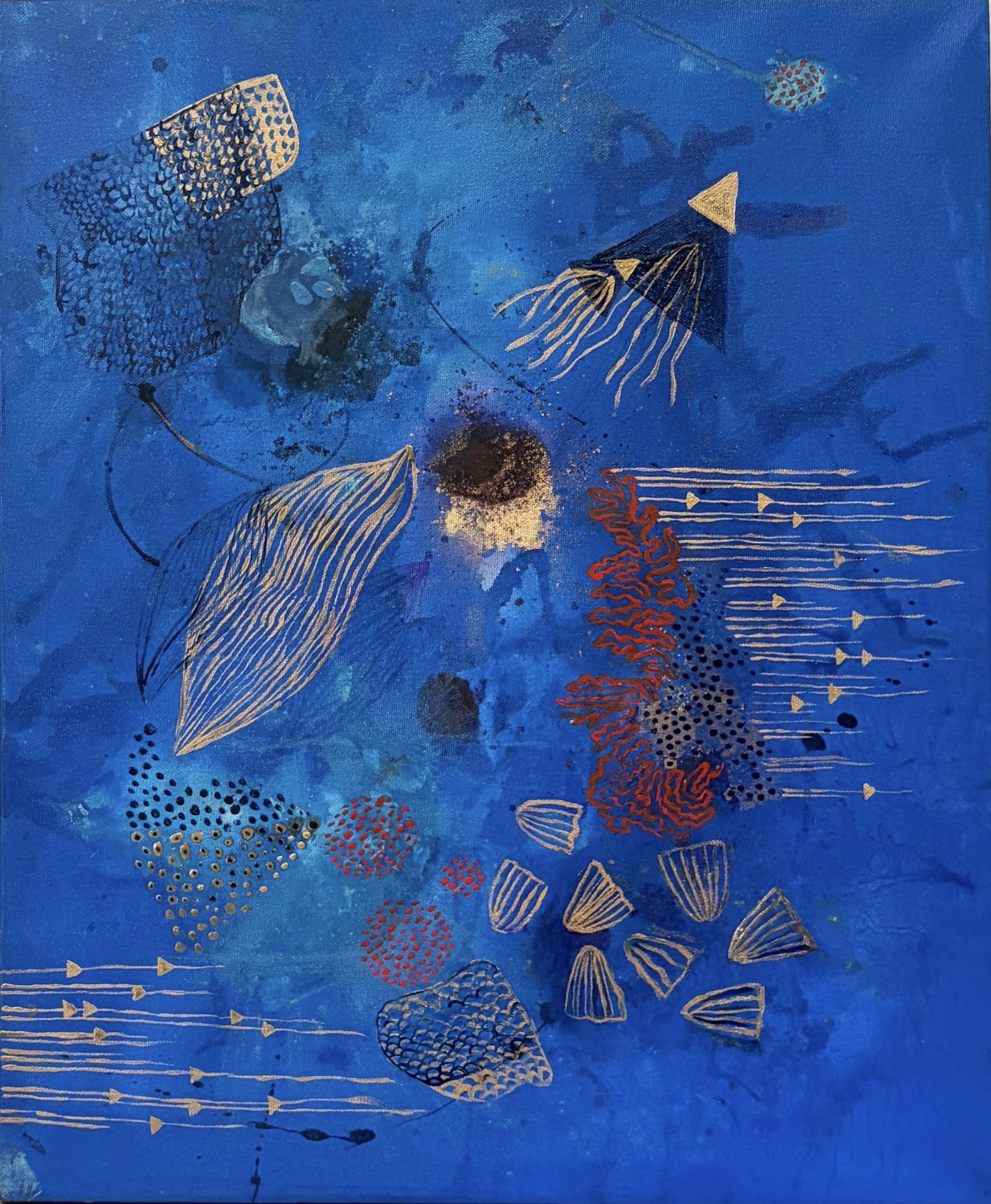 Surreal painting of a woman’s face with blue-green bird wings and a parrot in the foreground.