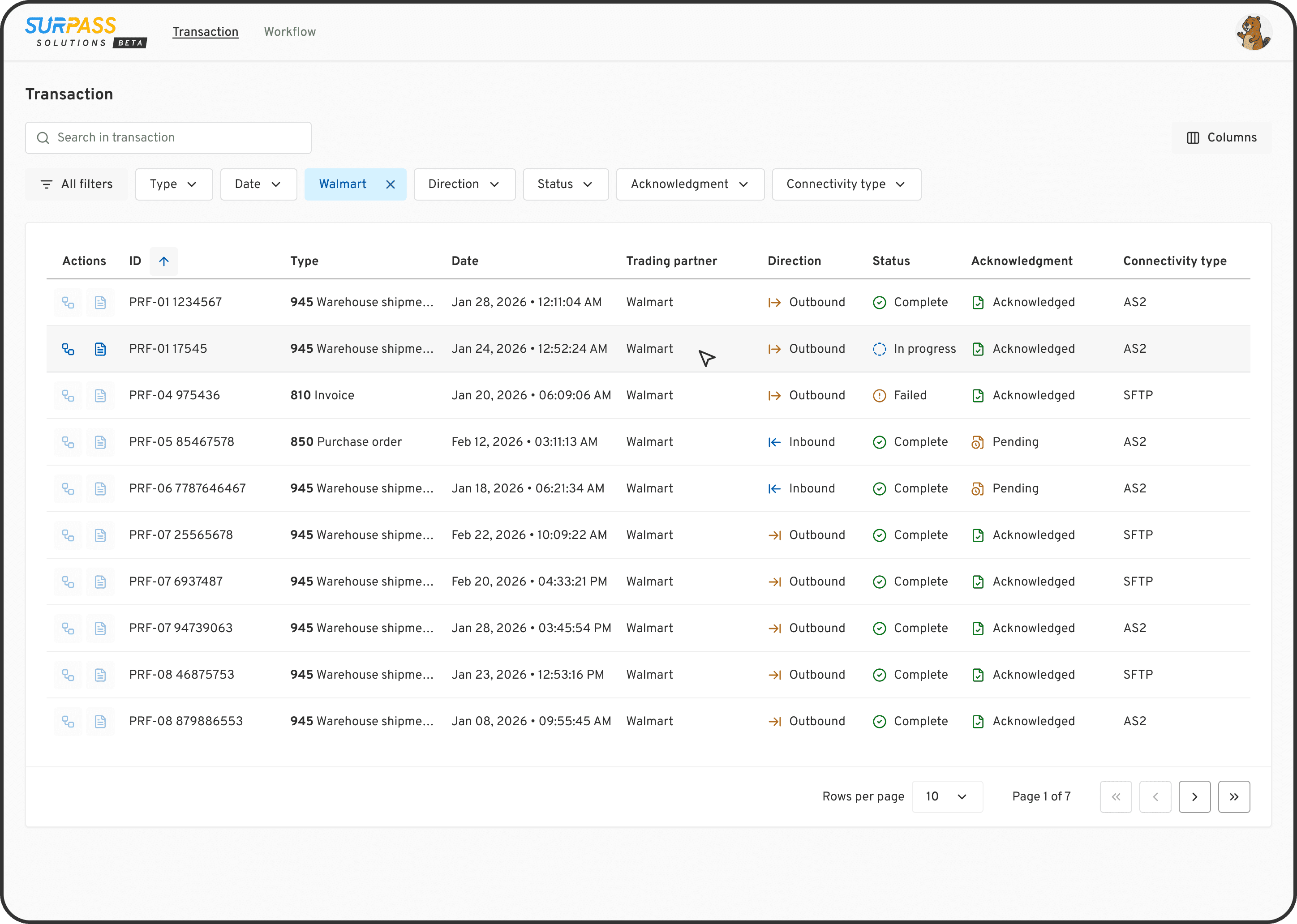 A high-fidelity UI mockup of a data grid for managing EDI transactions in light mode. It features a robust filtering system, sortable columns, and status-coded line items within a clean, professional dashboard interface.