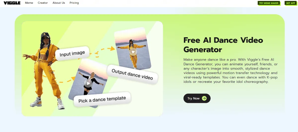 Viggle AI Free AI Dance Video Generator interface showing input image to output dance video workflow