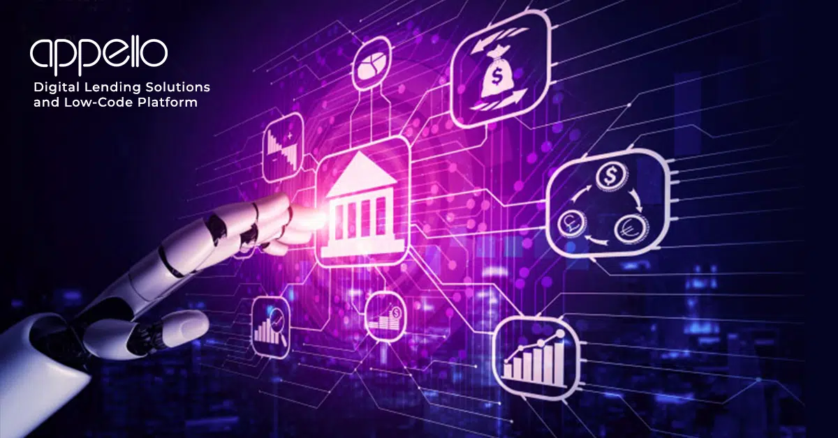 A robotic hand interacts with a futuristic financial interface displaying digital banking and financial technology icons. The image represents AI-driven digital lending solutions and low-code platforms.