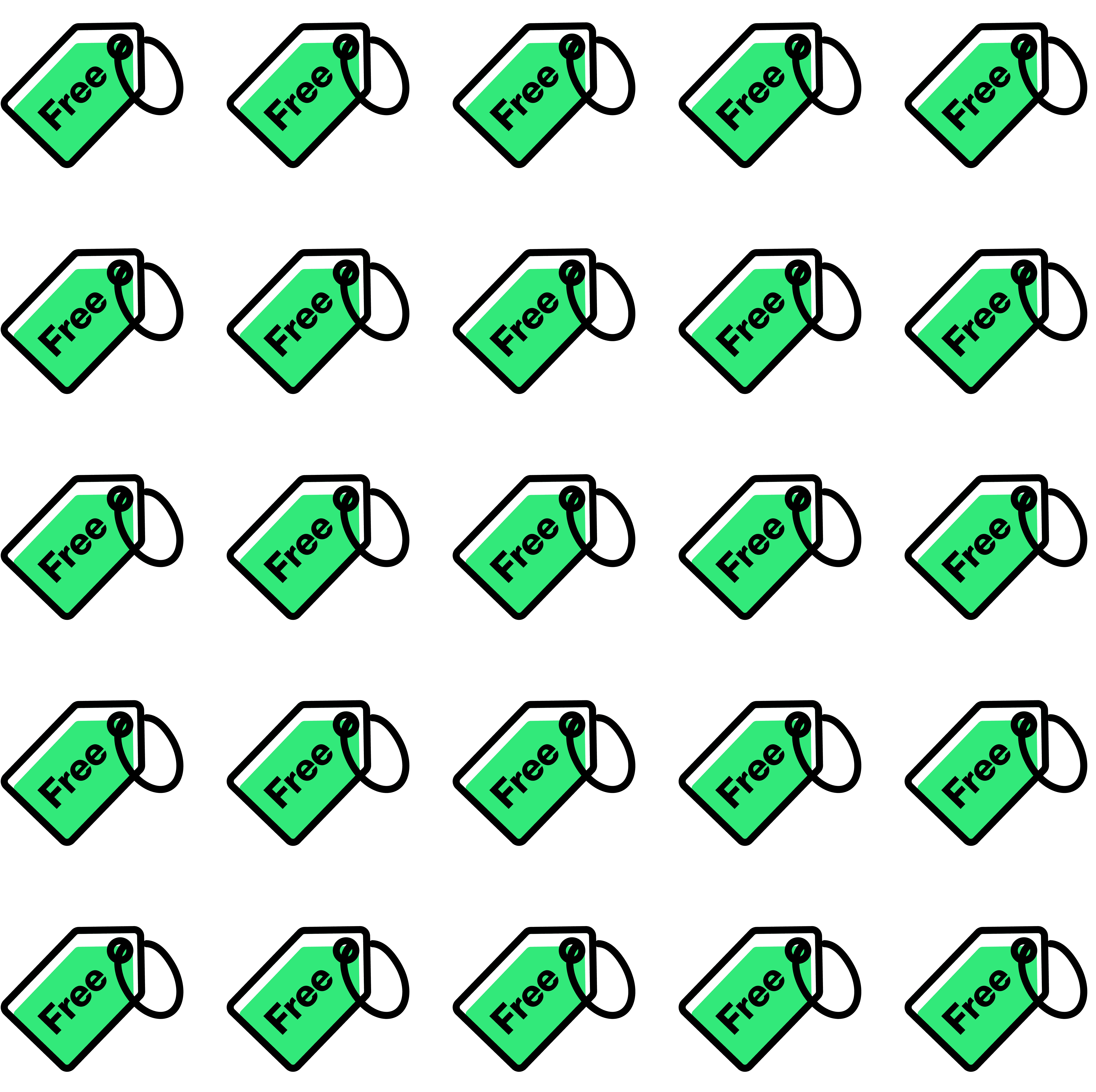 A grid pattern of green price tags with the word "Free" is displayed against a solid background, emphasizing cost-effective solutions.