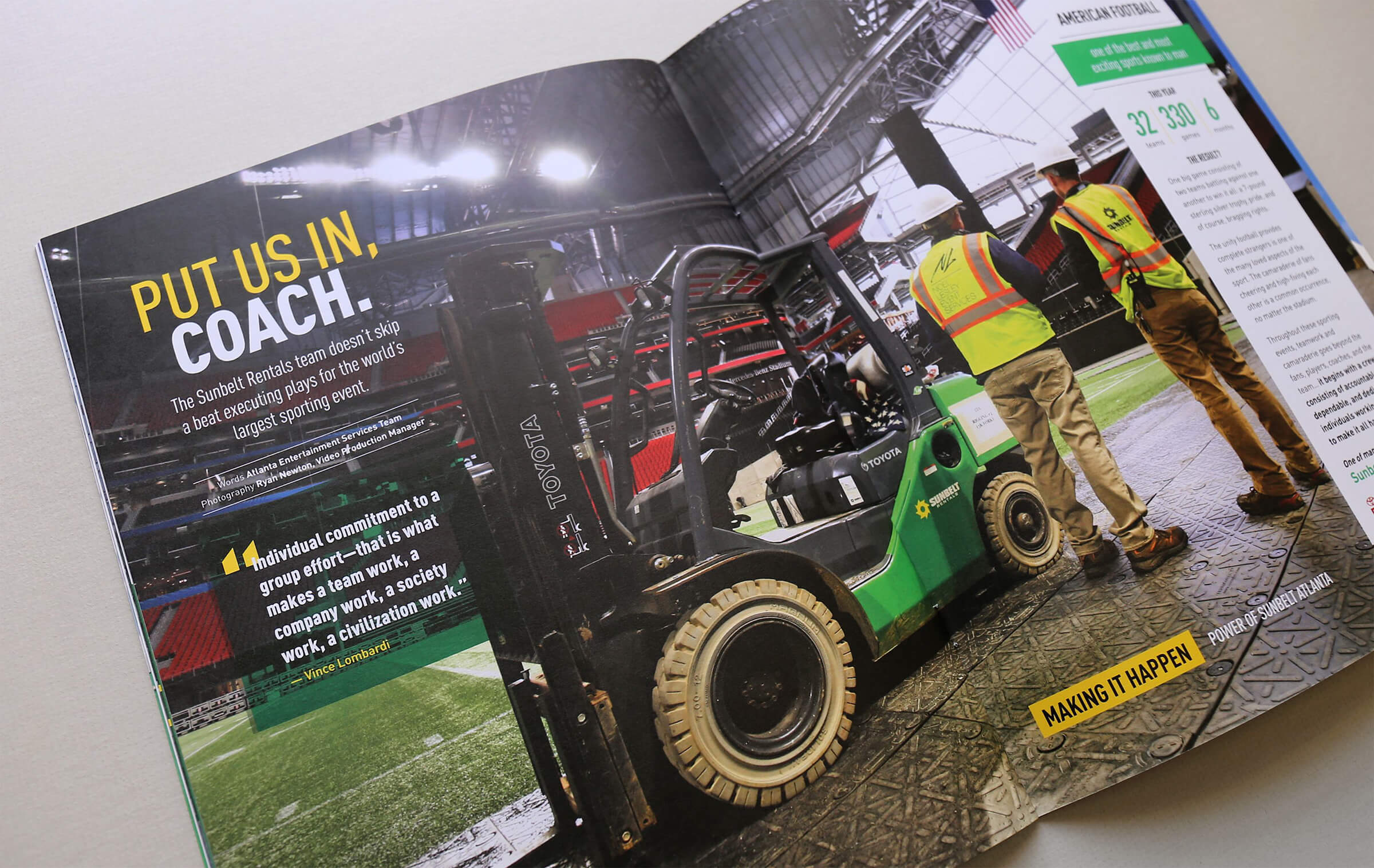 Large photo and feature article about Sunbelt's participation in football, showing two employees in safety gear inside a domed football stadium, standing near a Sunbelt-branded fork lift.