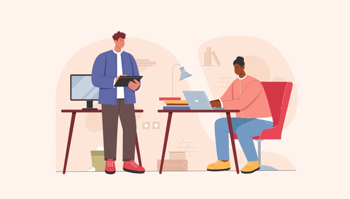 Illustration of two people adjusting interlocking gears within a circular arrow loop, surrounded by charts and checklists.