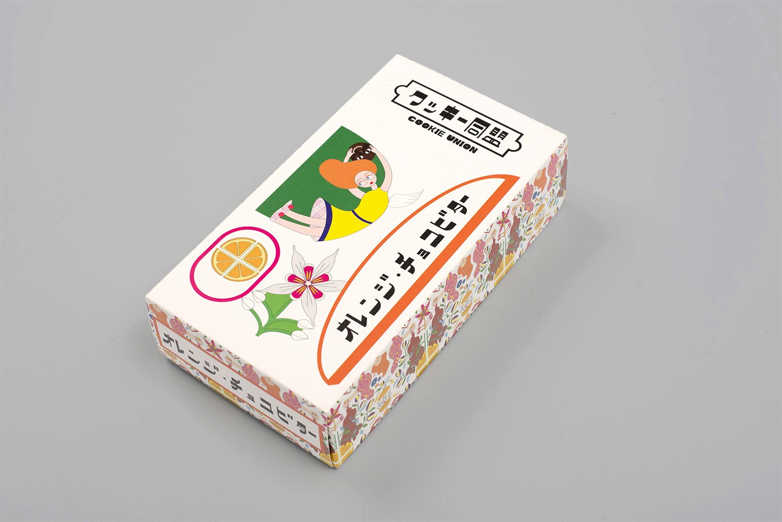 Cookie Union packaging box featuring bright cartoon-inspired illustrations and graphic patterns. Orange flavor