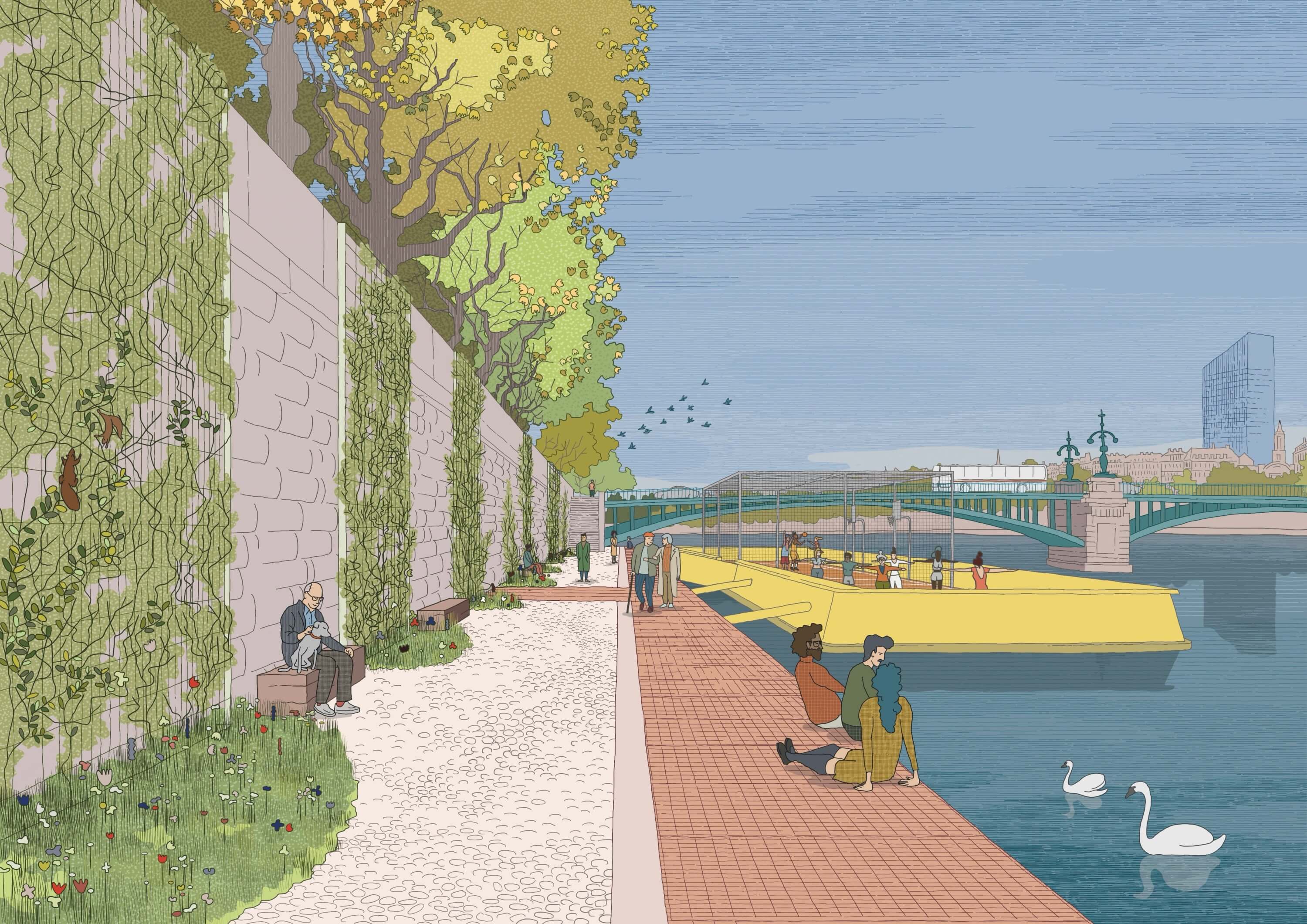 A colorful aerial view of a park layout featuring various geometric flower beds and walking paths near water.