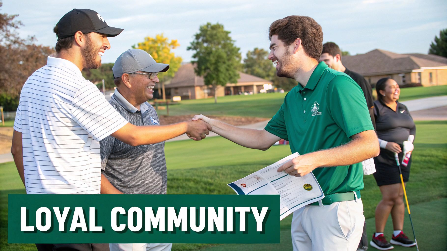 Two smiling men shake hands on a golf course, surrounded by other golfers and a vibrant community.