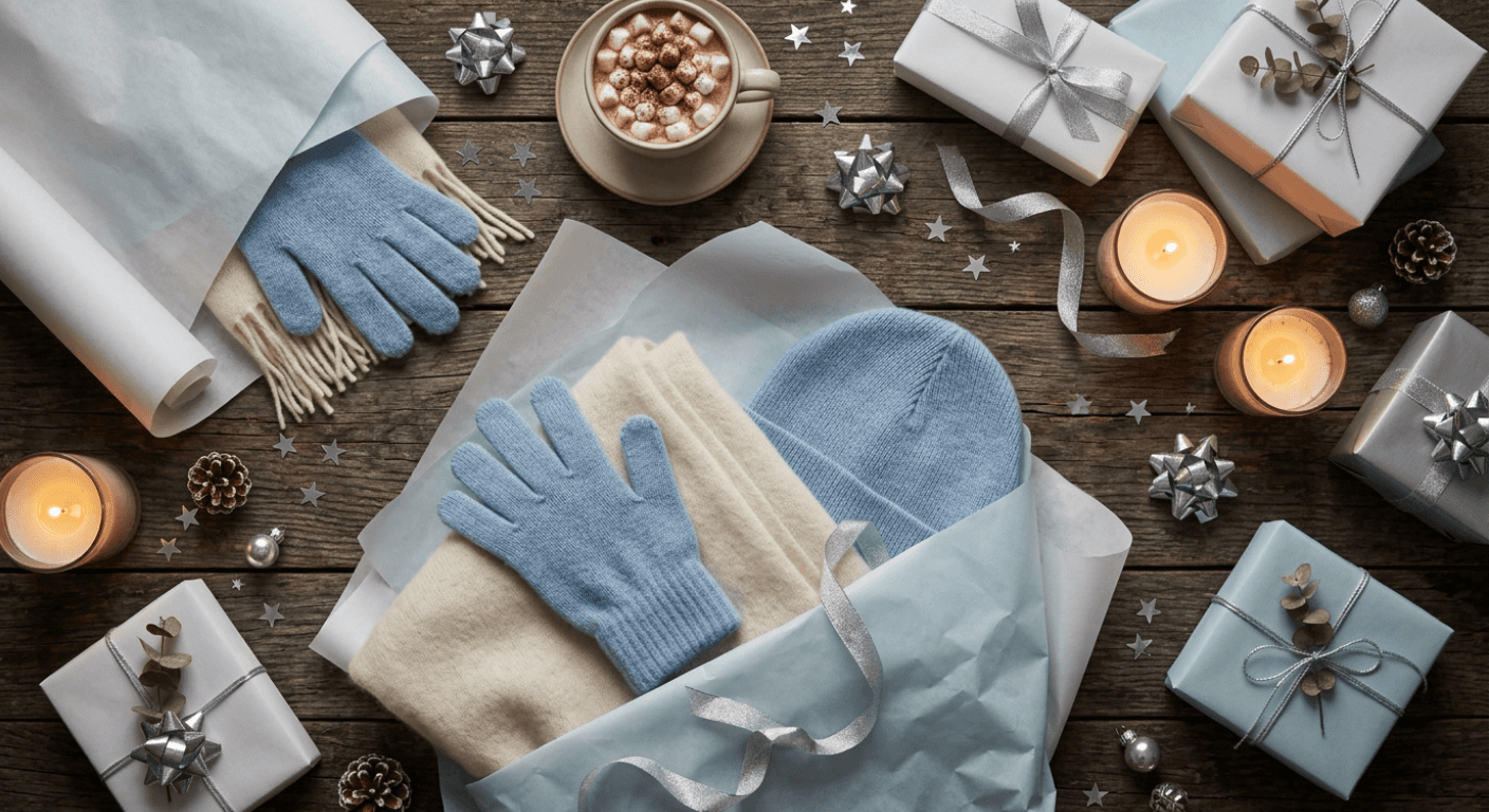 Winter gifting scene with a cream scarf, powder-blue gloves and beanie wrapped in pale paper and silver ribbon