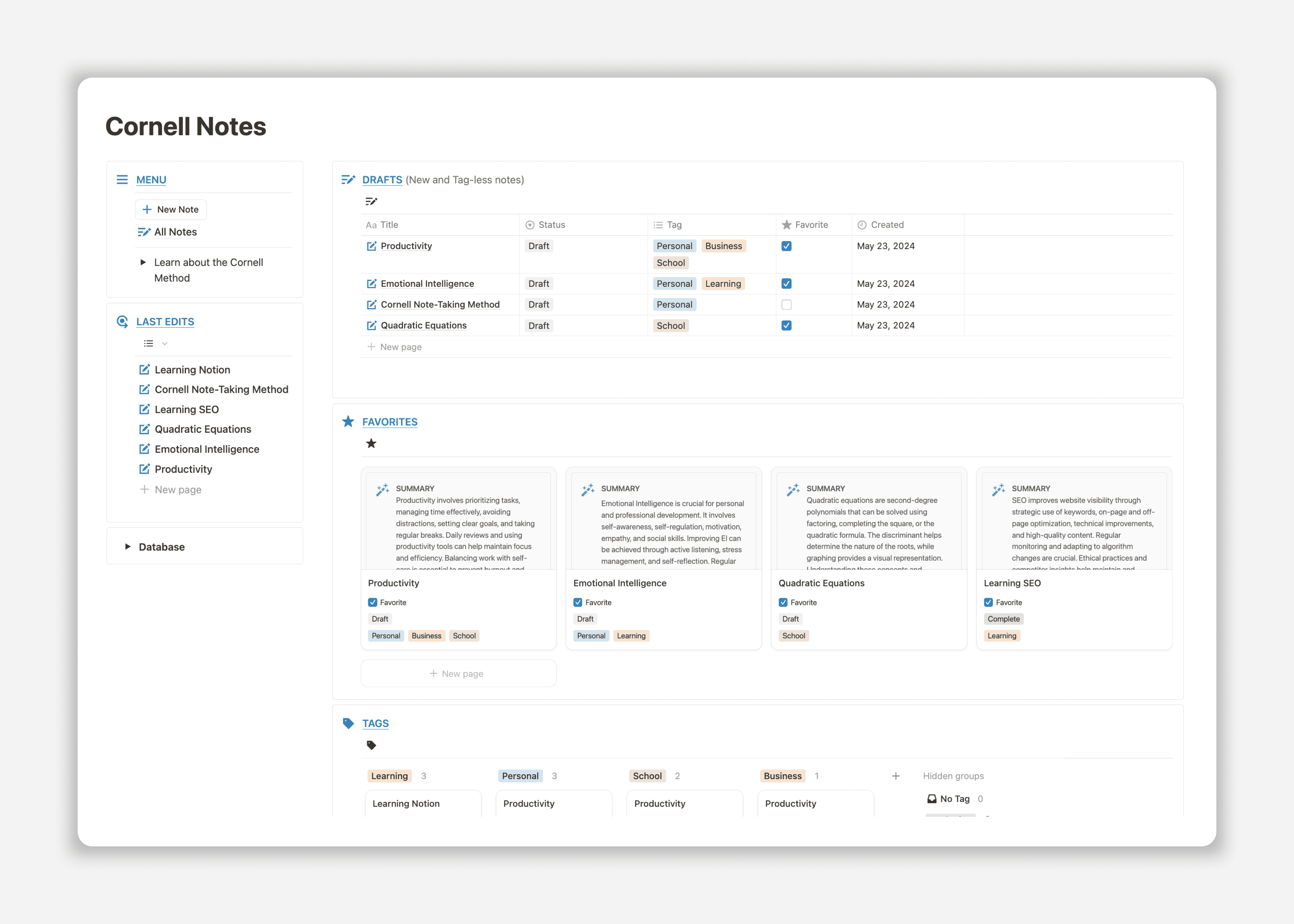 Notion Cornell Notes Template - Elegant Design