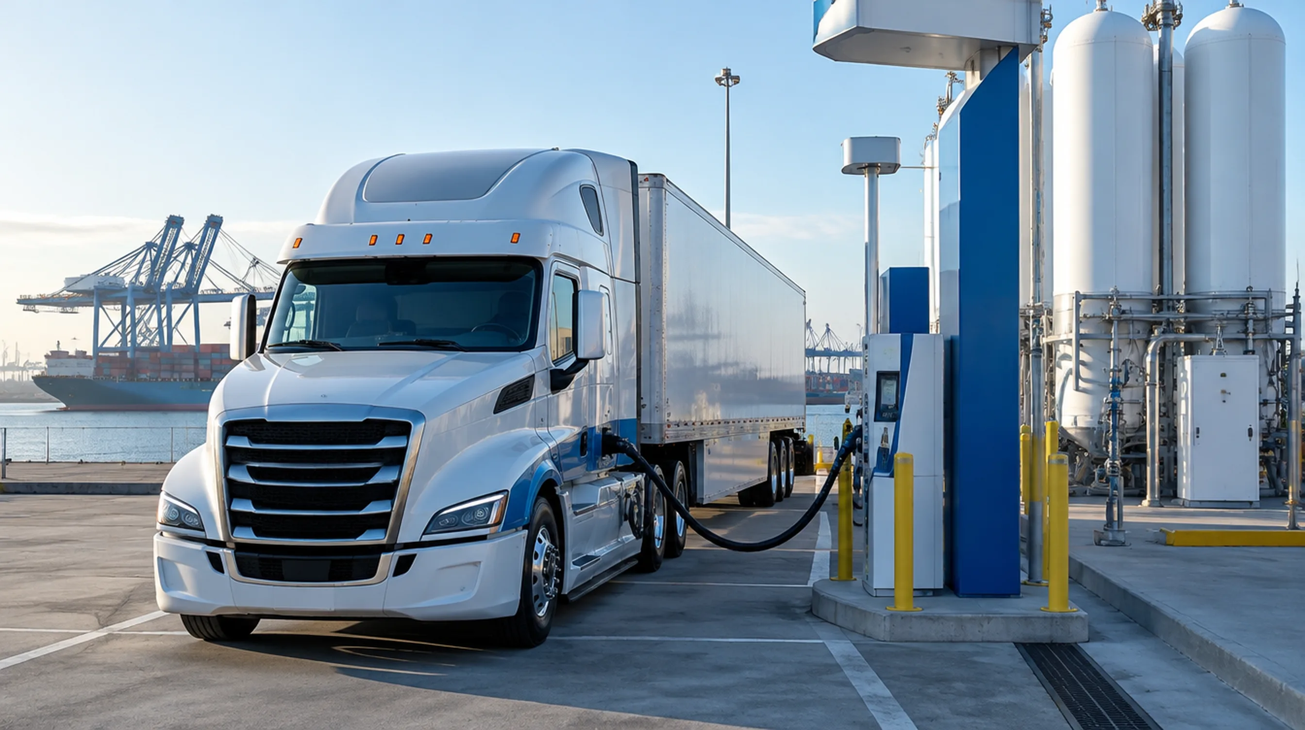 Hydrogen fuel cell semi truck refueling at a heavy-duty hydrogen fueling station near a port