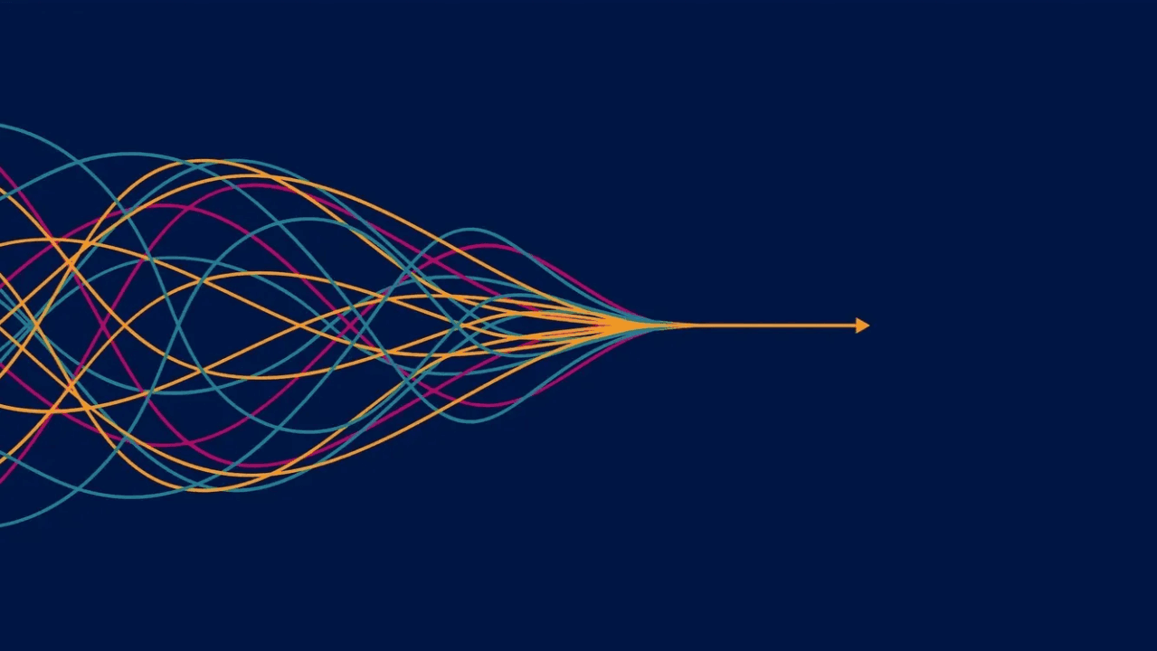 Colorful tangled lines converging into a single arrow on dark blue, symbolizing clarity from complexity.