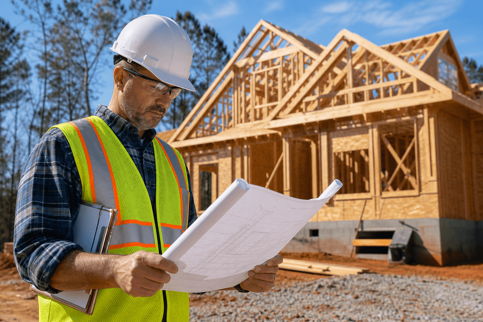 Construction inspector reviewing blueprints at a residential building site in North Carolina
