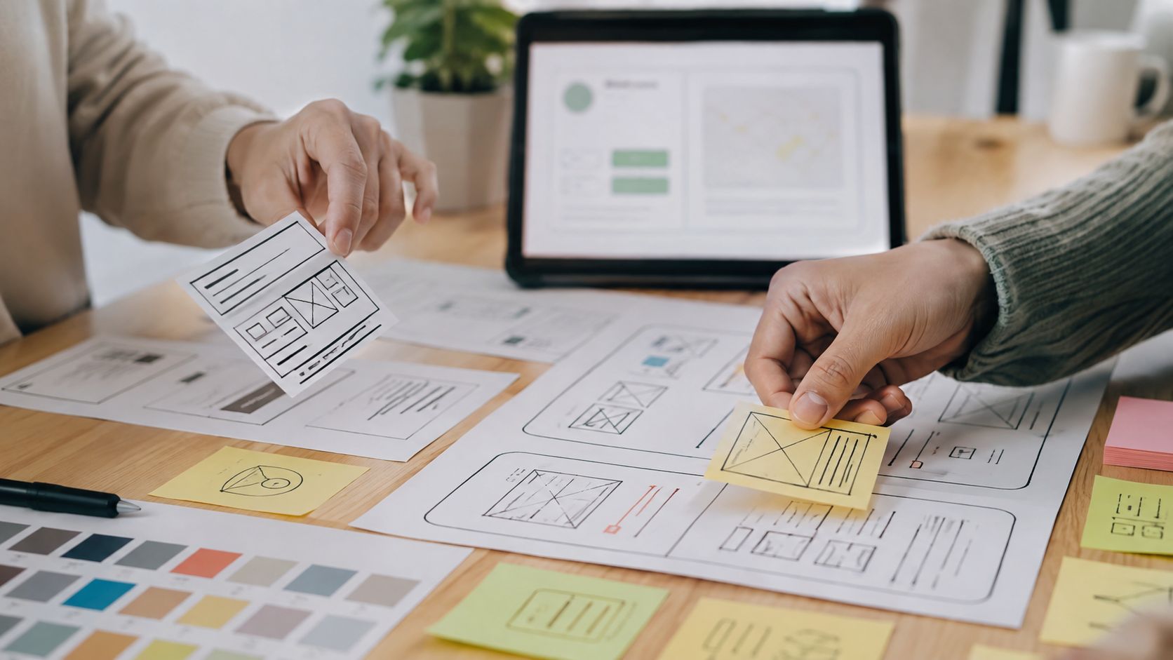 Two designers collaborating on a website prototype using paper sketches and sticky notes on a wooden desk.