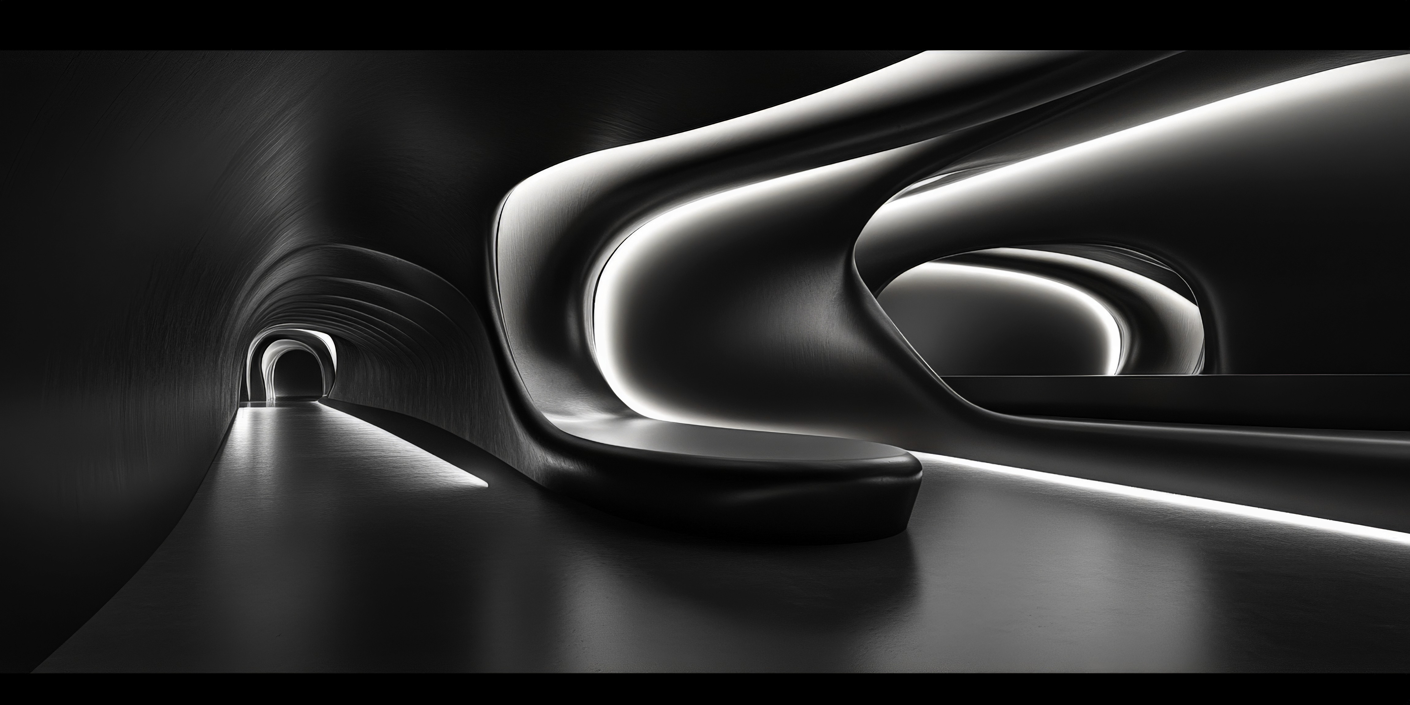 Black and white abstract image of a curved corridor.