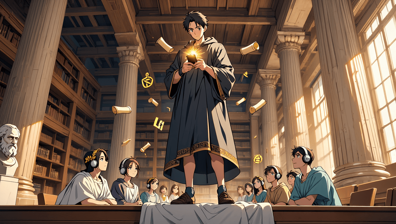 Law student studying for bar exam with AI study app in neoclassical library