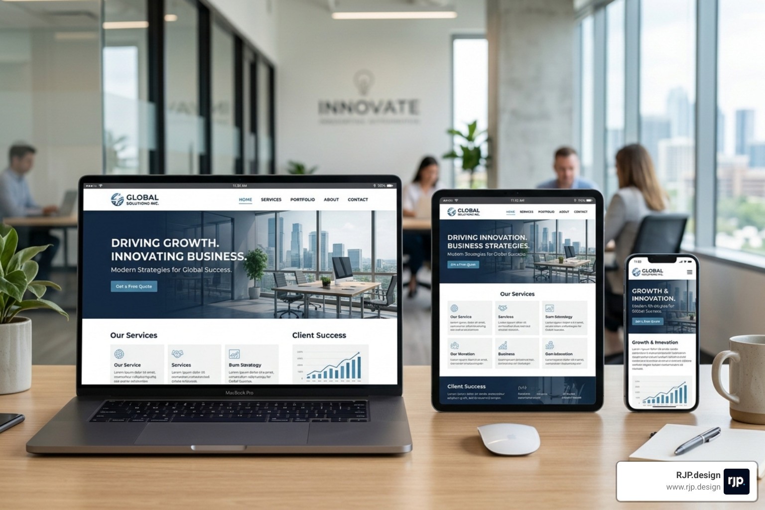 high-performing responsive website shown on a laptop, tablet, and smartphone - web design agency near me
