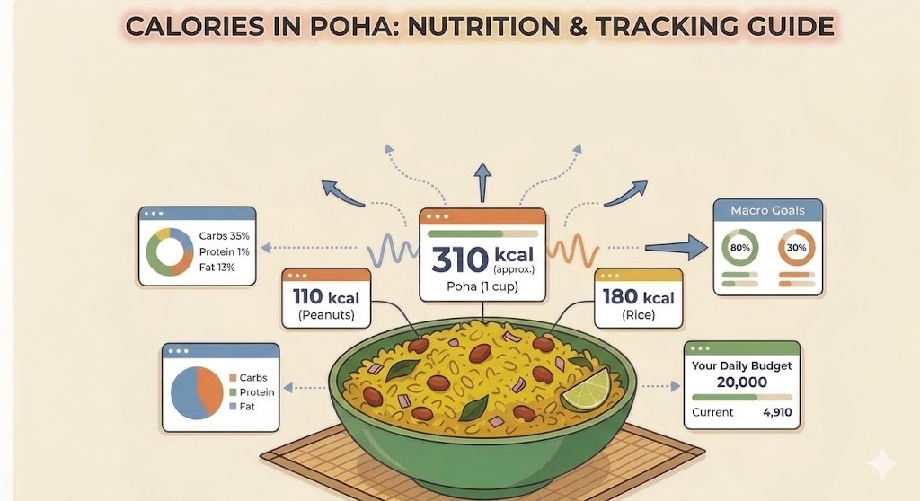 An infographic illustration titled 'CALORIES IN POHA: NUTRITION & TRACKING GUIDE' showing a detailed bowl of Poha with peanuts and lime. It points to a nutrition tracker with '310 kcal (approx.) Poha (1 cup)', a peanut card with '110 kcal', and a rice card with '180 kcal'. It also displays two pie charts for macronutrients (Carbs, Protein, Fat), showing percentages: Carbs 35%, Protein 1%, Fat 13%. Two other panels show 'Macro Goals' with gauge meters (80% and 30%) and 'Your Daily Budget' with a goal of 20,000 and current count of 4,910. Arrows and dotted lines connect the bowl to the data points, which flow from an unseen microphone-like source. The style is flat graphic.