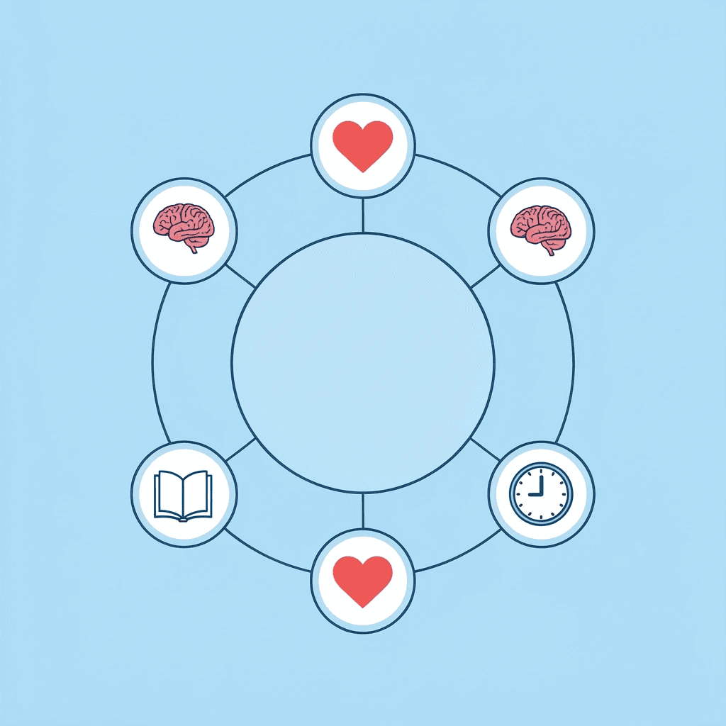 Central craft project icon connected to four surrounding icons: classroom, family, brain/senses, and retention