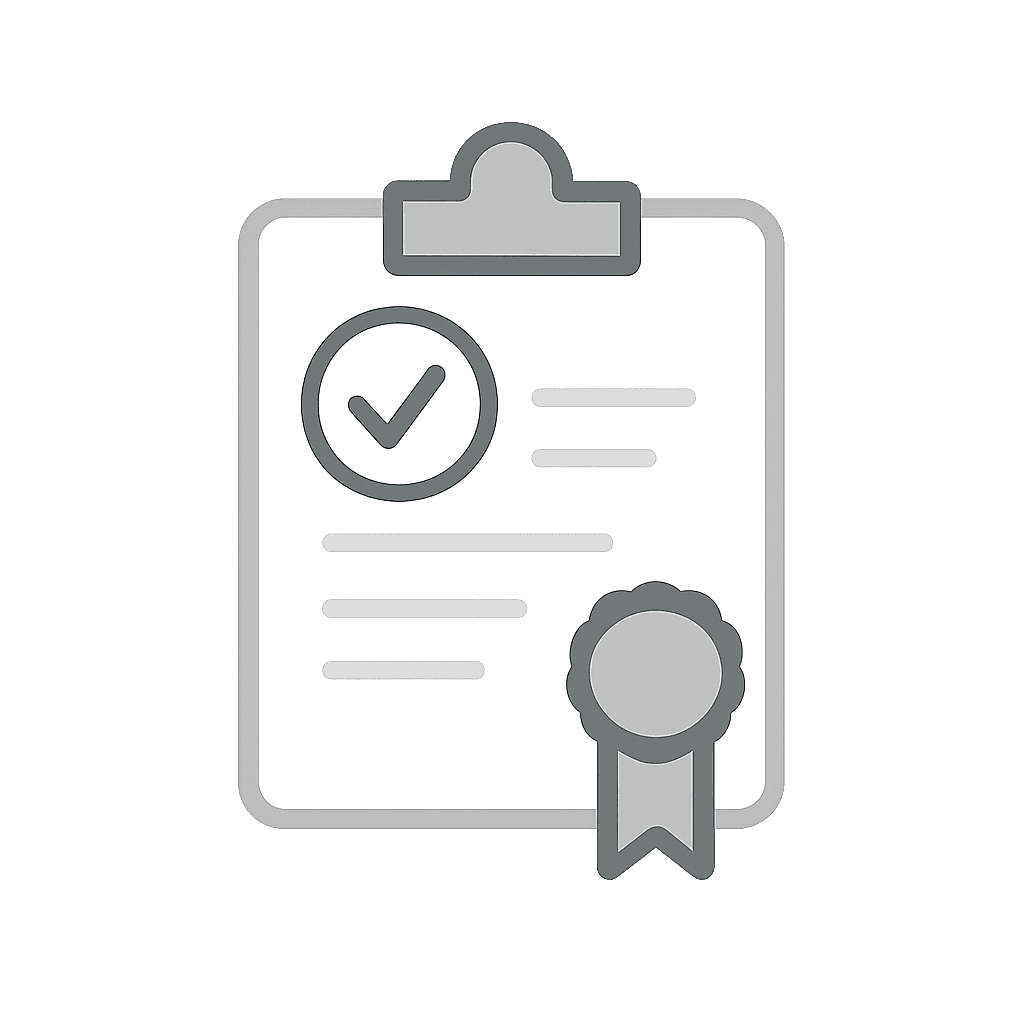  Graustufen-Abbildung eines Zertifikats mit Häkchen und Siegel – symbolisiert erfolgreichen Kursabschluss und offizielle Bestätigung.