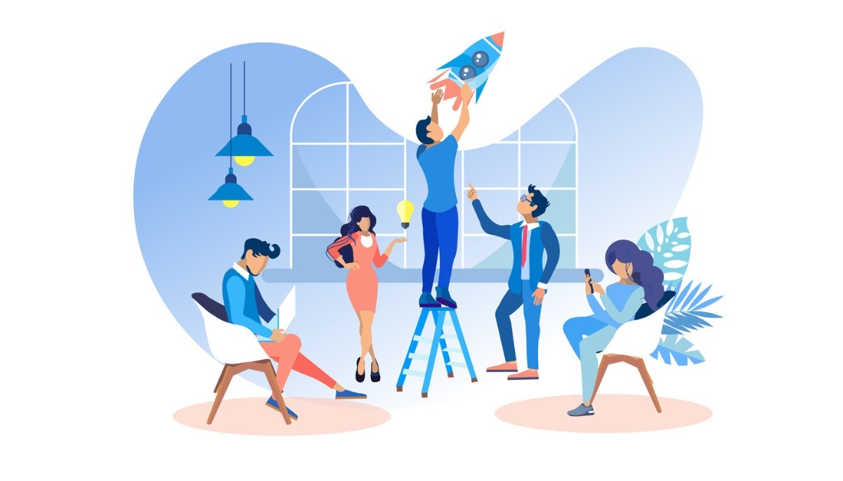 Illustration of a creative team collaborating around a rocket launch, with symbols of innovation, goal-setting, and digital tools.