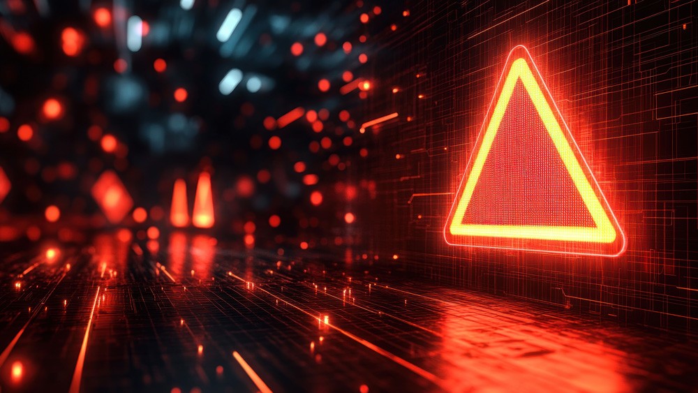 Red digital warning symbol glowing on a circuit board interface, representing active ransomware exploitation of the VMware ESXi CVE 2025 22225 vulnerability and hypervisor compromise.