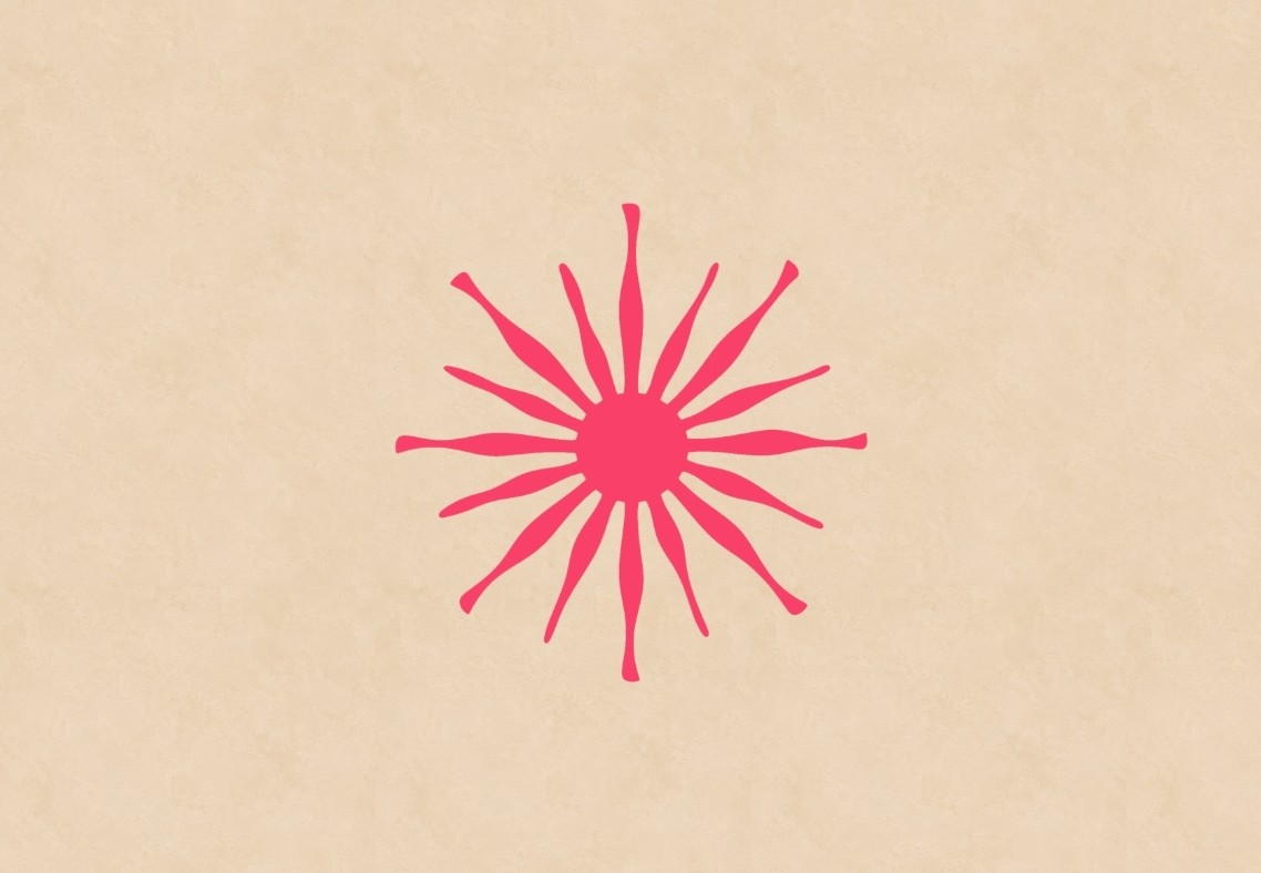 Illustrated pink sunburst graphic on a cream textured background