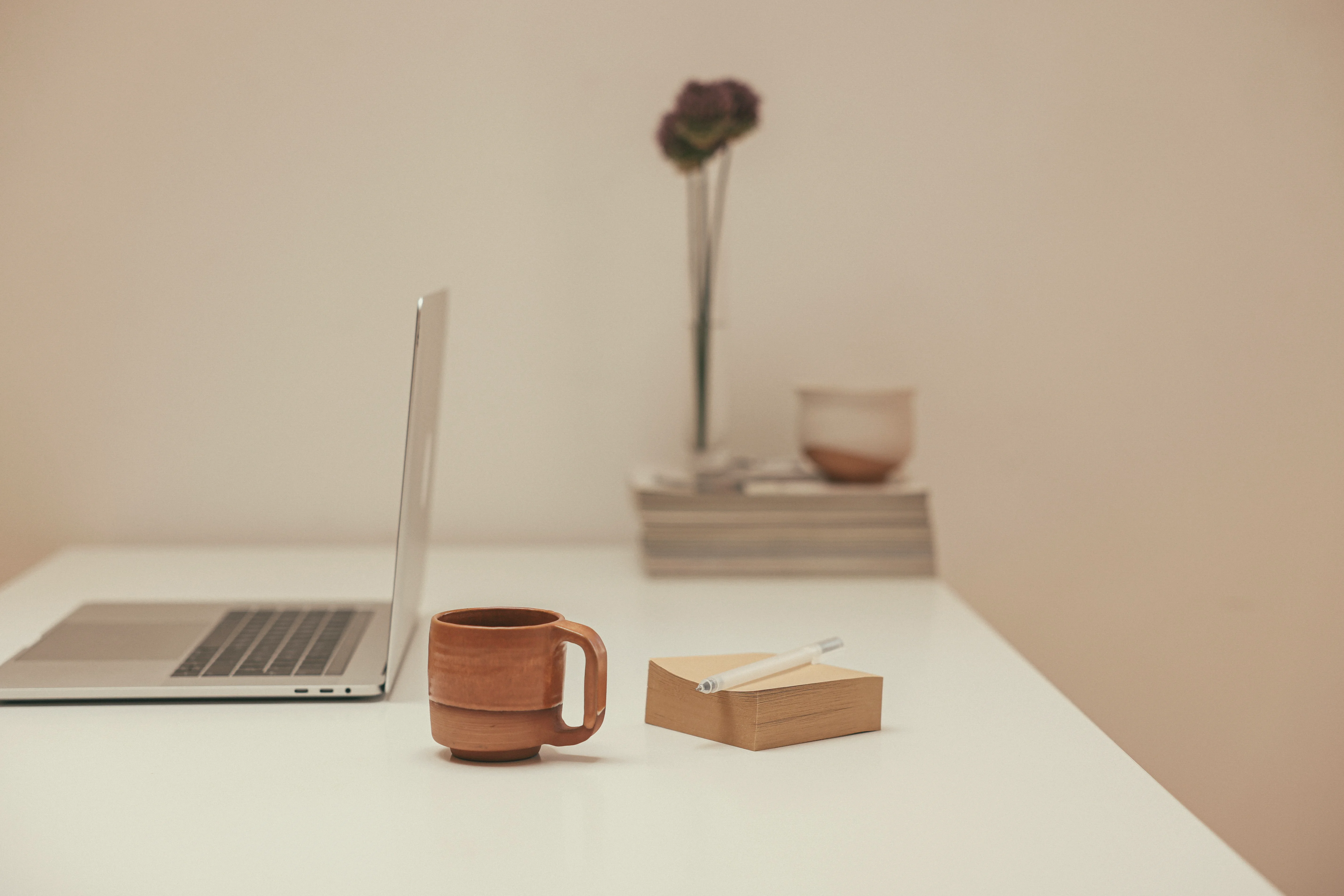 Minimalist workspace with a laptop, notebook, ceramic mug, and olive branch on a beige desk