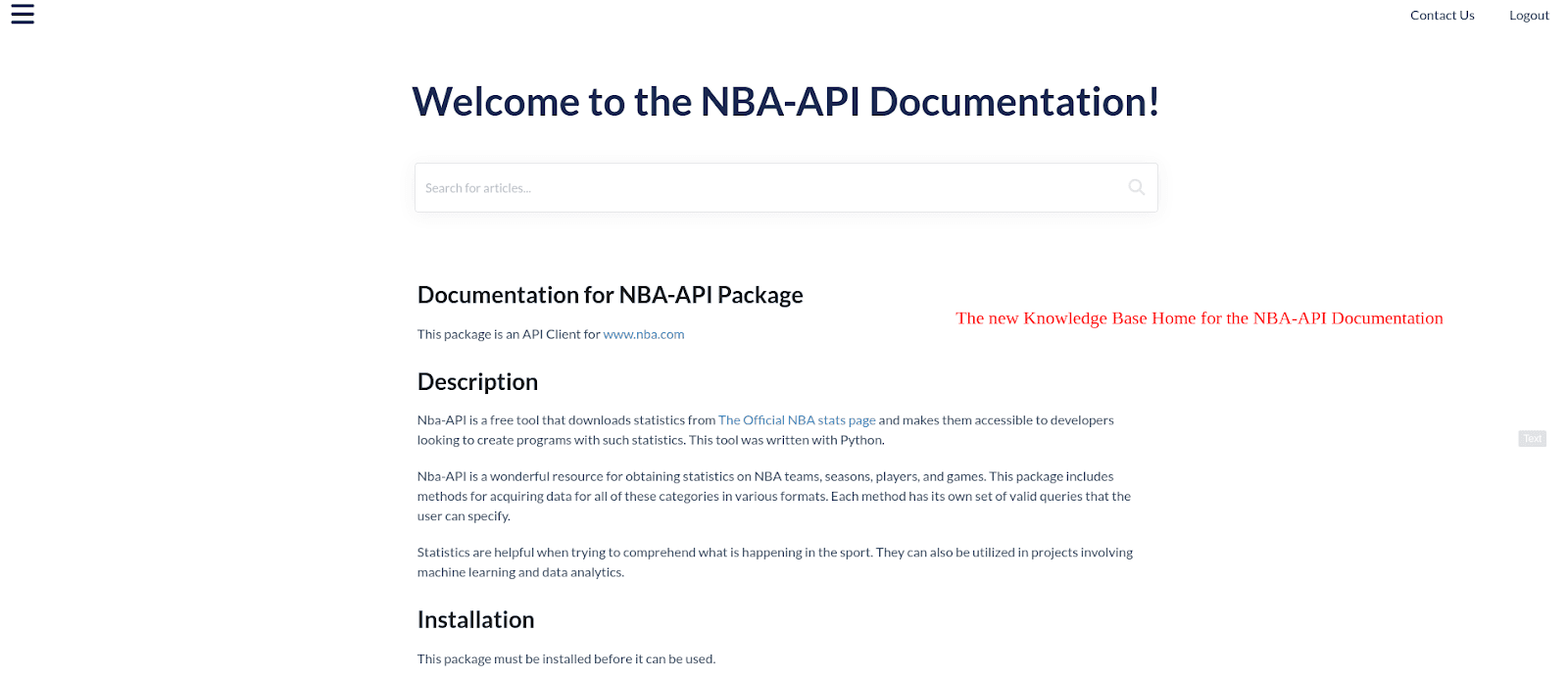 A screenshot of the public-facing view of the NBA-API Documentation knowledge base.
