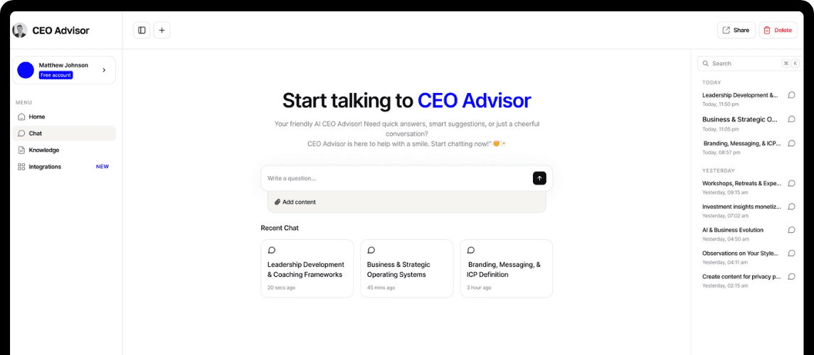 A client view of Guidance, showing how an advisor’s judgment is made accessible between sessions through a simple conversational interface.