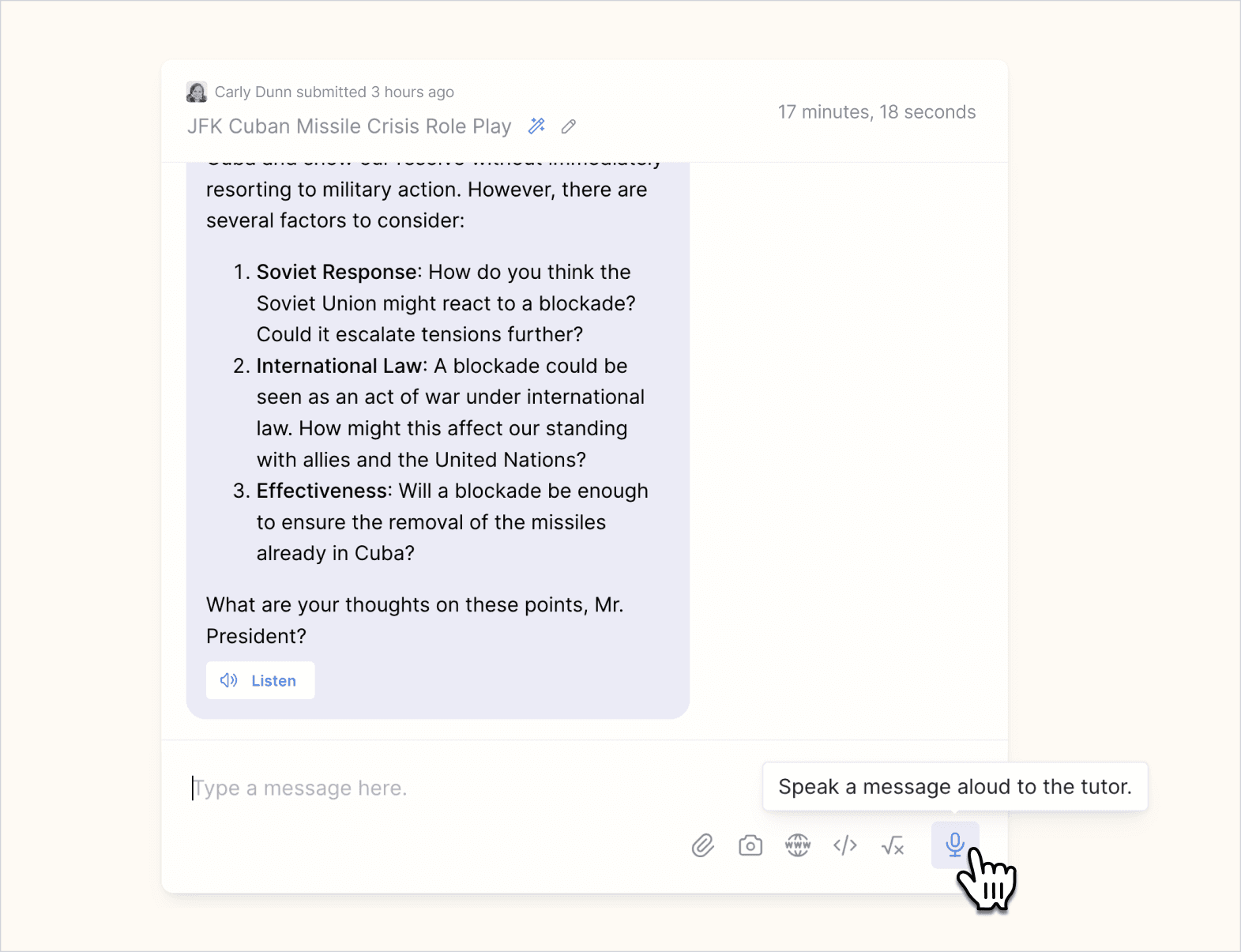 Screenshot of student session showing how students can speak a message aloud to the tutor.