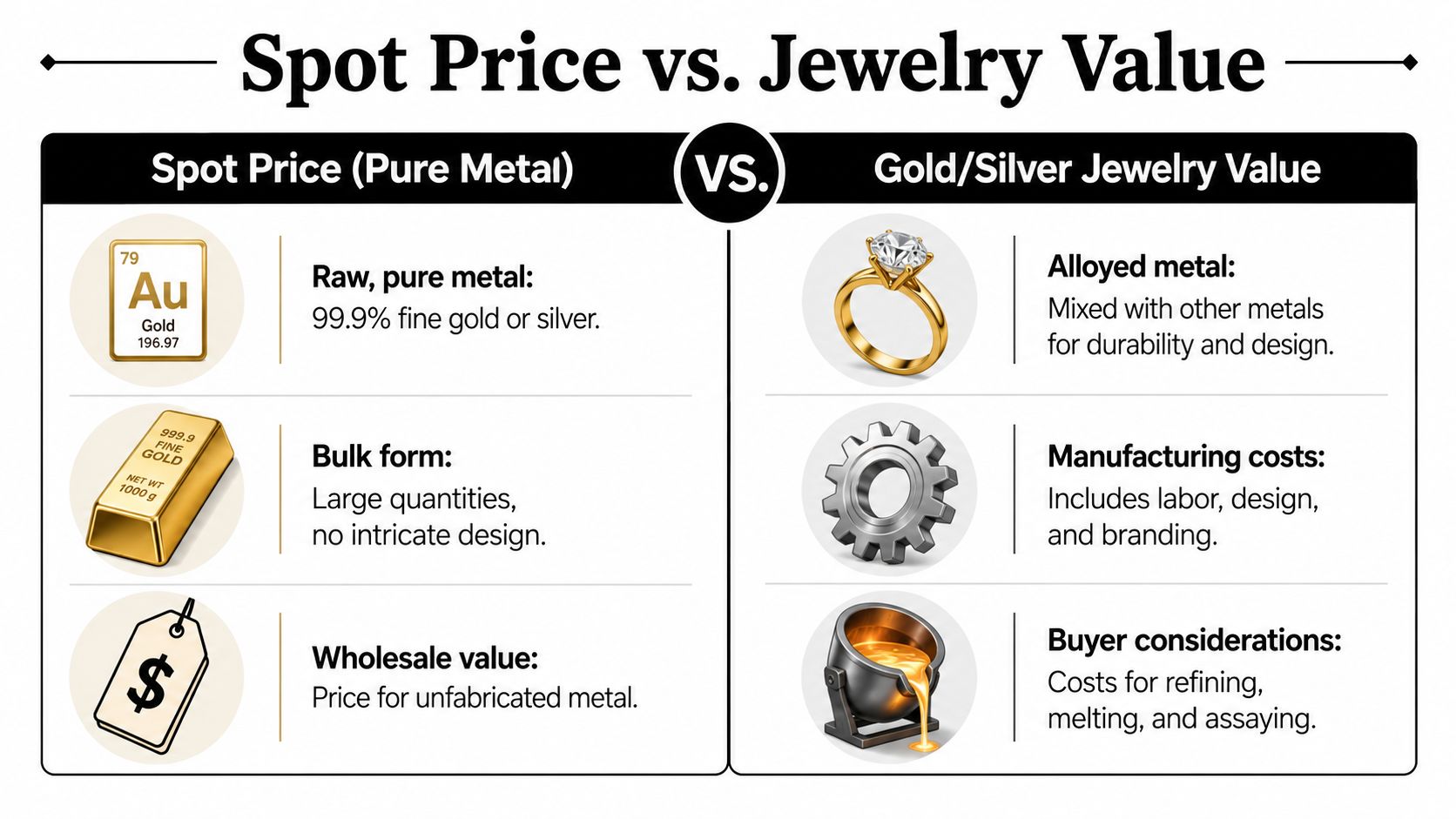 A comparison chart explaining the differences between spot price for raw gold and finished jewelry value.