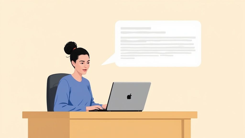 A person using voice typing on a MacBook in a modern office setting, with a look of focus and efficiency.