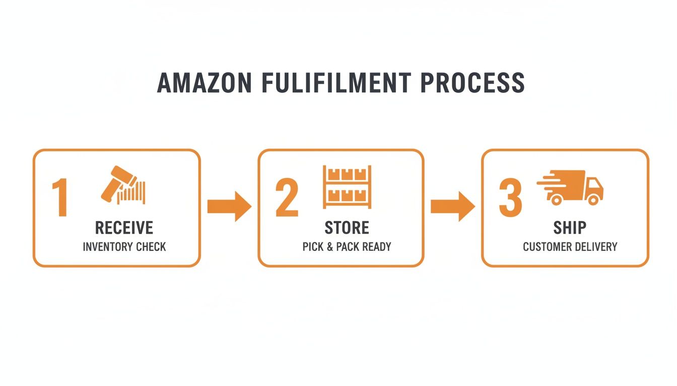 Infographic detailing Amazon's 3-step fulfillment process: receive, store, and ship goods to customers.
