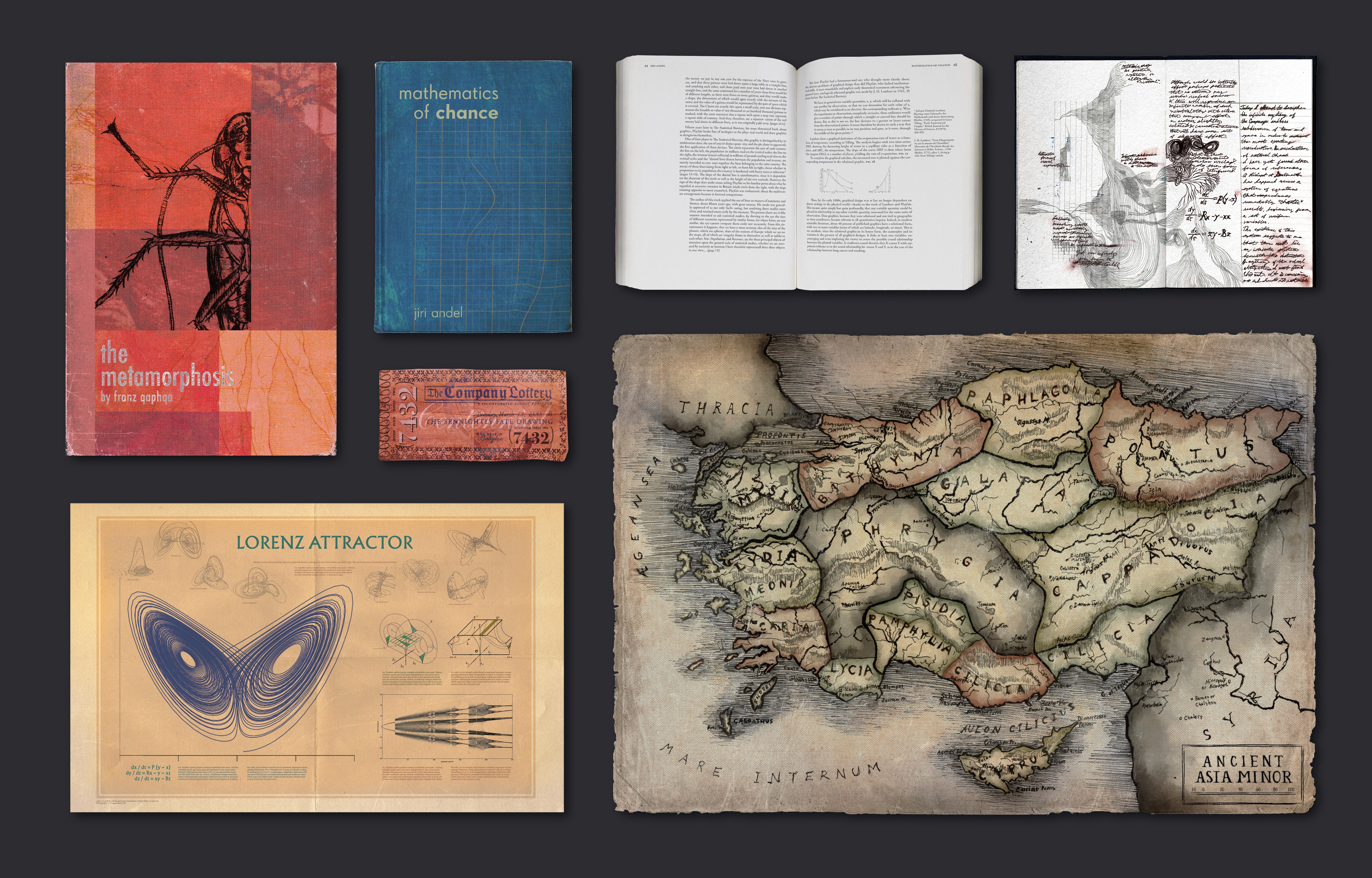 Collection of unique artifact props created for the story, including 2 book covers, a lottery ticket, and a poster on chaos theory.