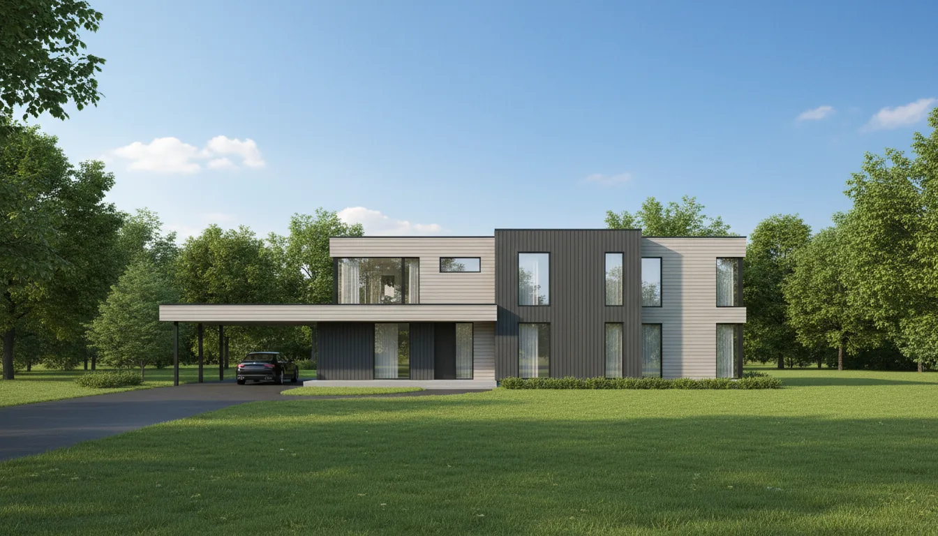 Architectural visualization of a modern two-story house, 3D CAD render, photorealistic style. The building features a mix of light-colored horizontal wood siding and dark vertical wood plank cladding, with large dark-framed windows. An integrated carport is supported by pillars, with a black sedan parked underneath. The house is situated on a pristine green lawn with a black asphalt driveway. The scene is framed by lush green trees under a bright blue sky with soft, puffy clouds, using soft global illumination and natural daylight.