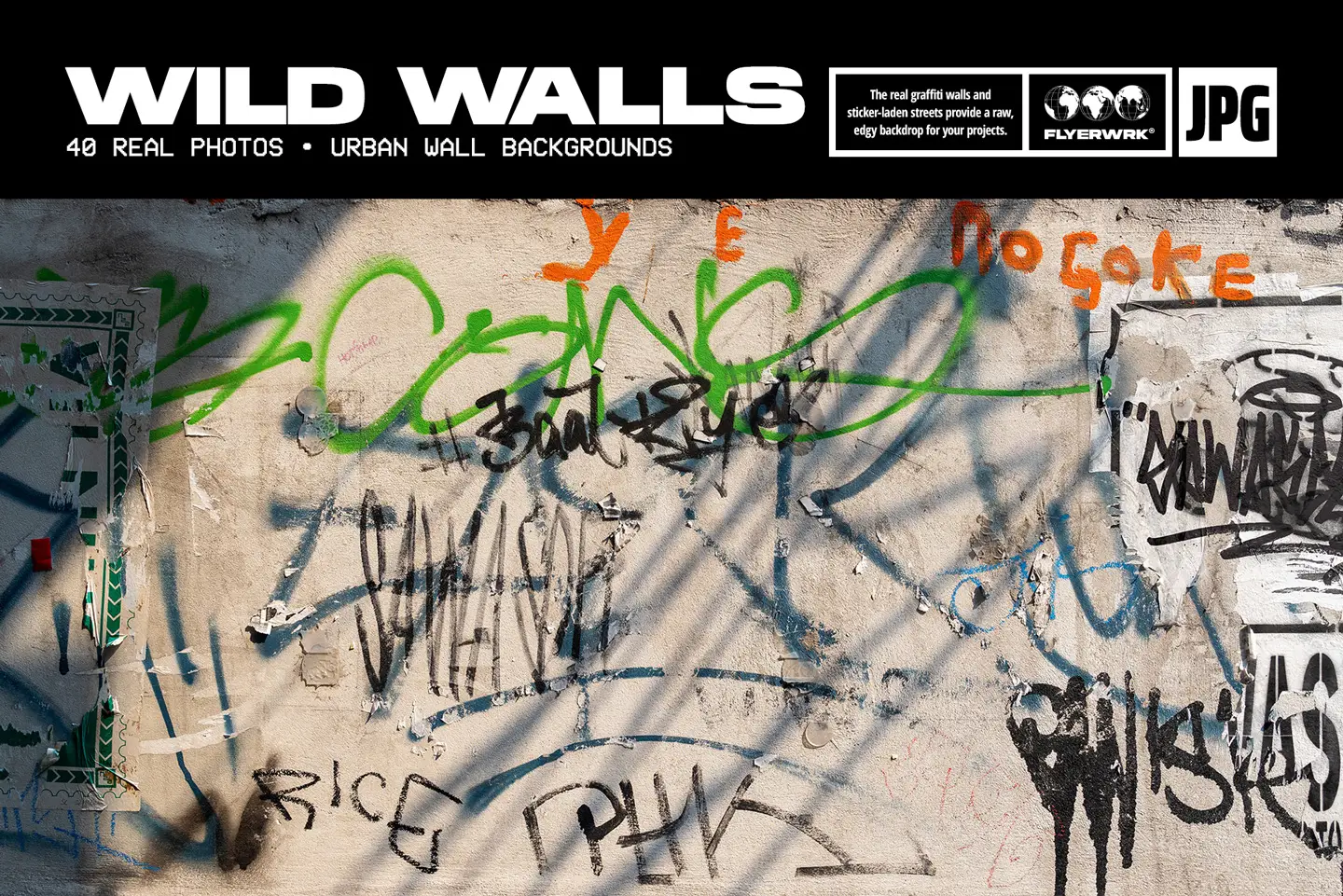Wild Walls urban backgrounds featuring raw graffiti tags and street art on a weathered concrete surface