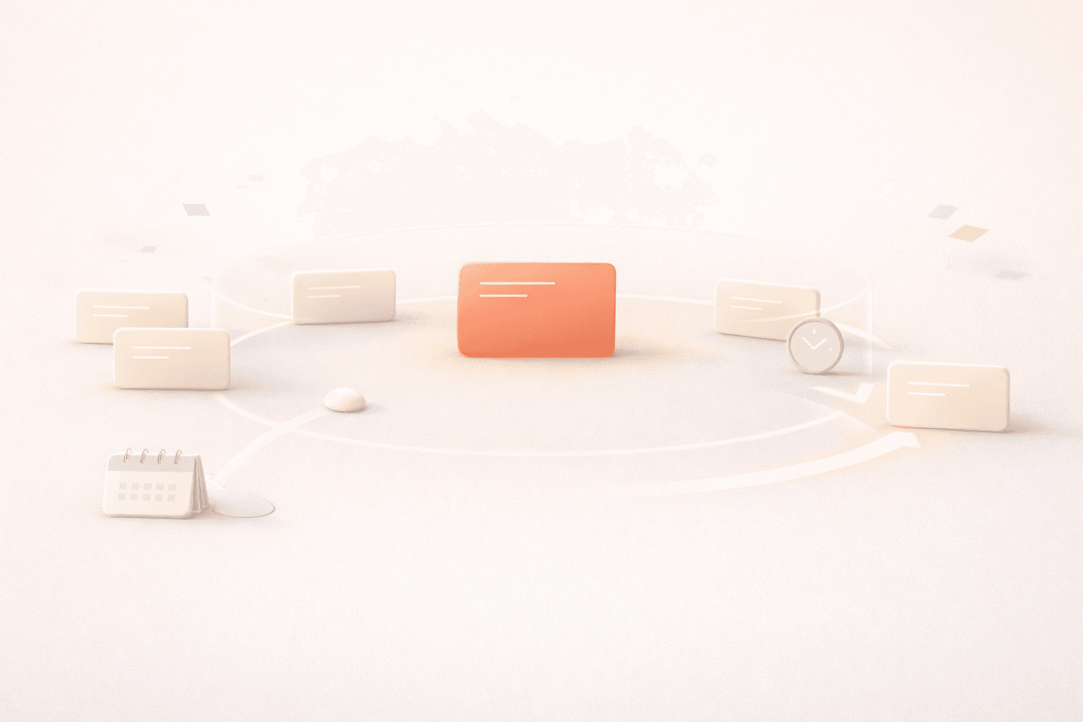 Minimalistische 3D-Illustration eines geschützten Arbeitsbereichs: Eine korallorangefarbene Fokuskarte liegt zentral innerhalb einer sanften, transparenten Begrenzung. Mehrere helle Anfrage-Elemente nähern sich von außen, stoppen an der Grenze oder werden auf einen separaten Pfad umgeleitet. Ergänzt wird die Szene durch ein kleines Kalender-Symbol und einen dezenten Uhr-Ring auf einem warmen, cremefarbenen Hintergrund mit weichen Schatten.