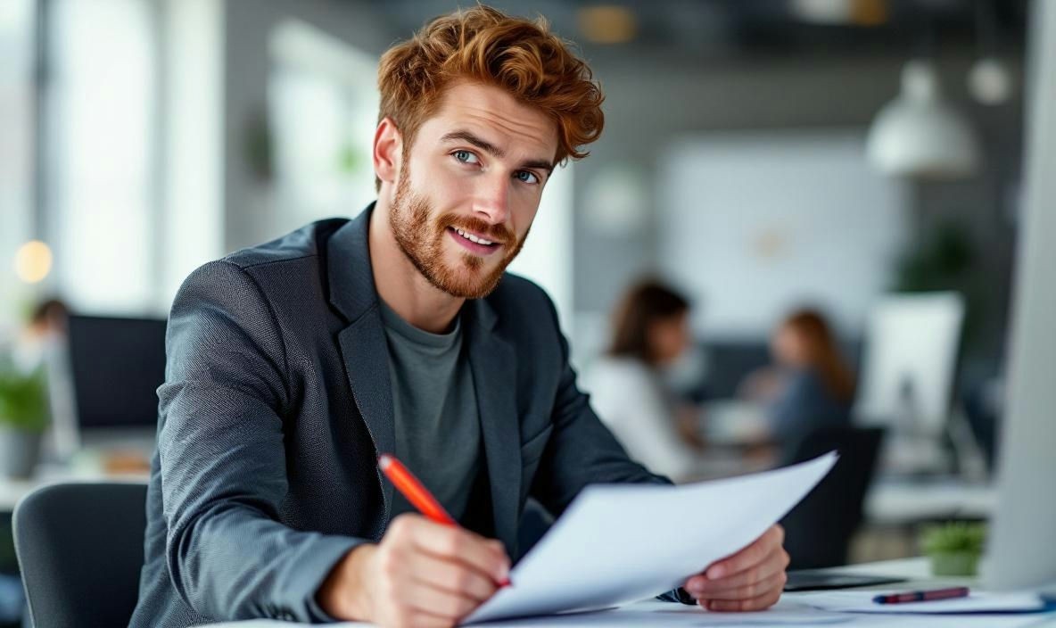 Man sitting at a desk holding paper and pen