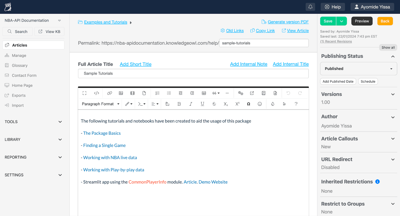 A screenshot of the editor view for an article in a KnowledgeOwl knowledge base titled, "Sample Tutorials".