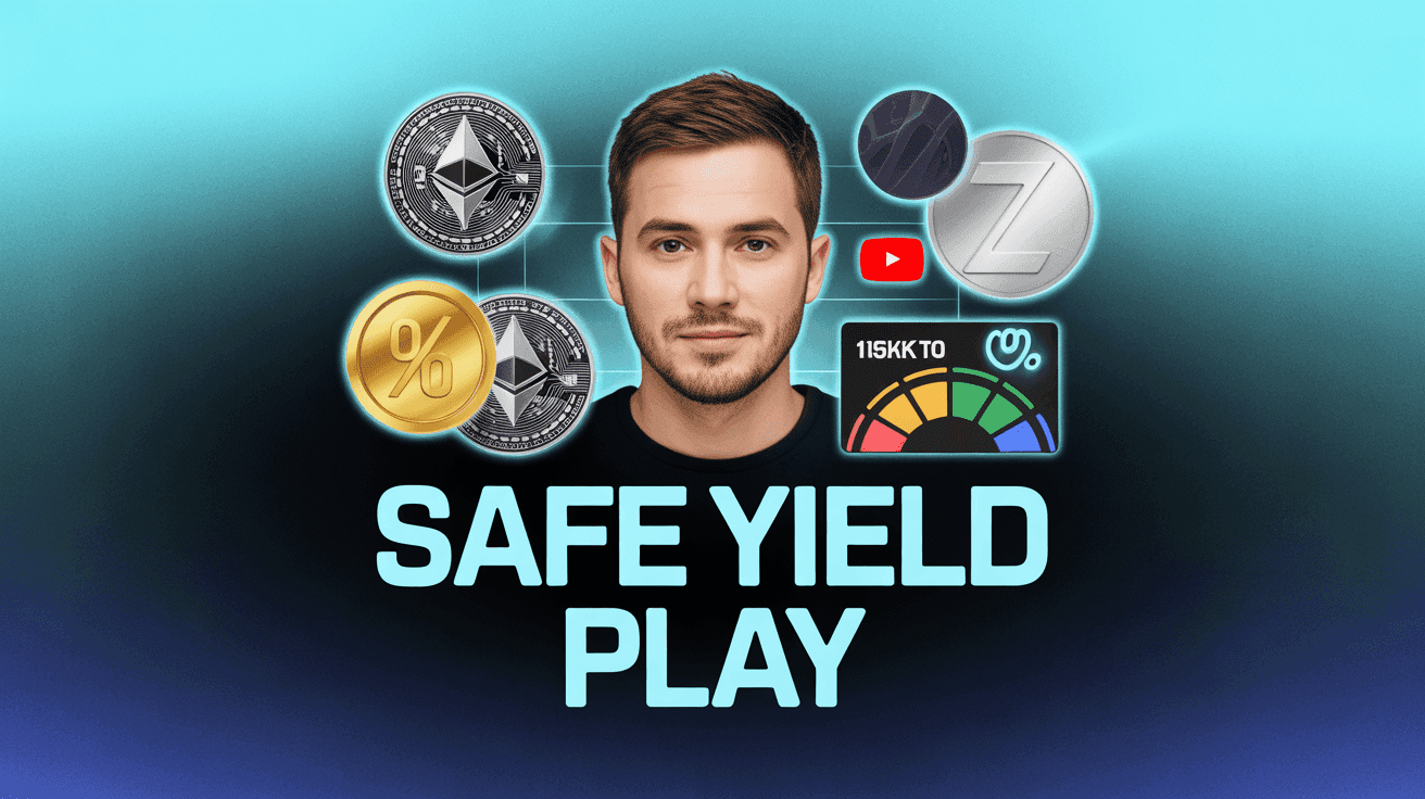 Crypto Yield Strategy Thumbnail Template featuring crypto analyst surrounded by digital coin logos with staking percentage holograms and risk meter