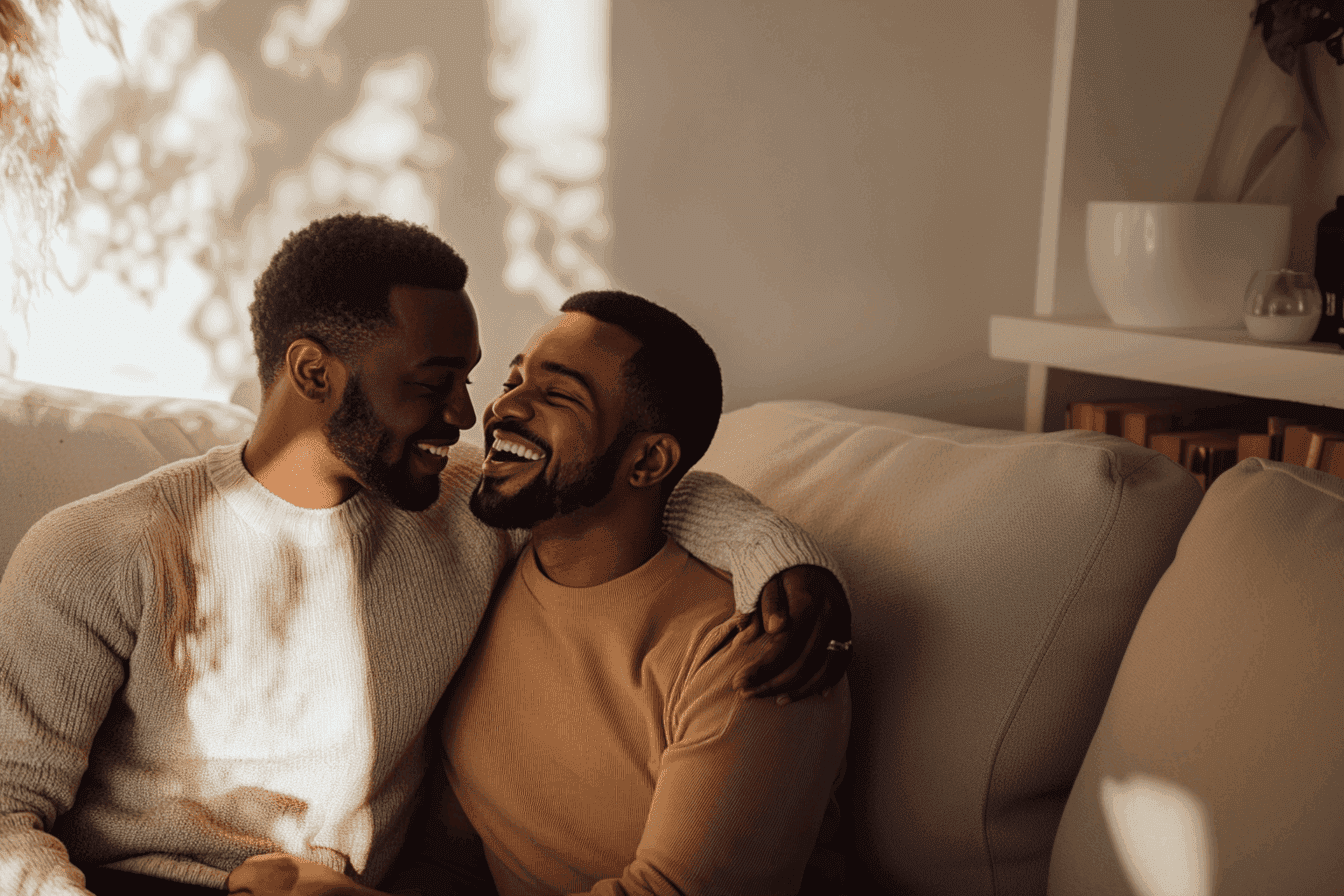 Black gay couple hugging