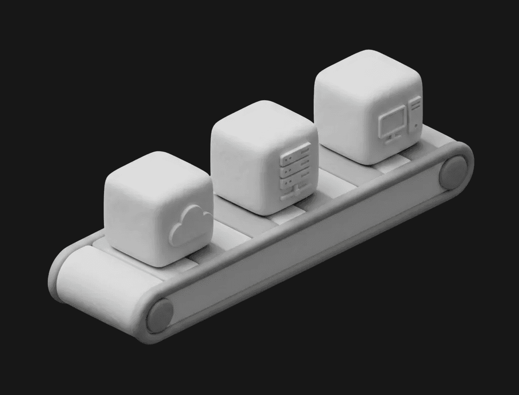 An isometric 3D illustration of a conveyor belt with a cloud, a server, and a laptop