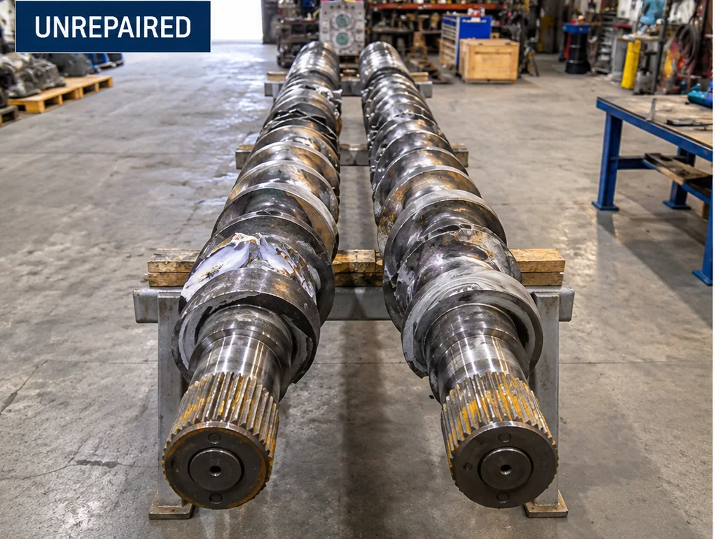Industrial screw shafts before repair