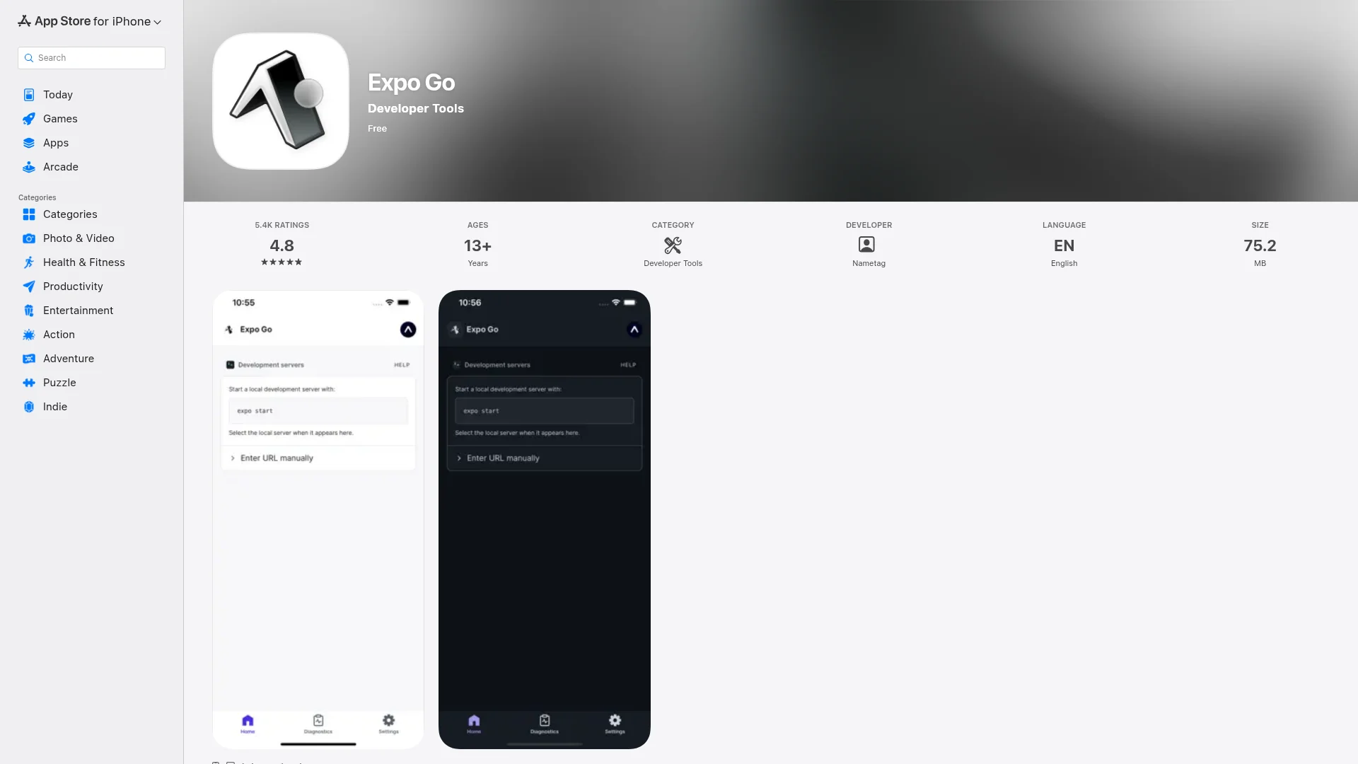 Expo Go listing on the iOS App Store, the companion app for running Expo projects on a phone.