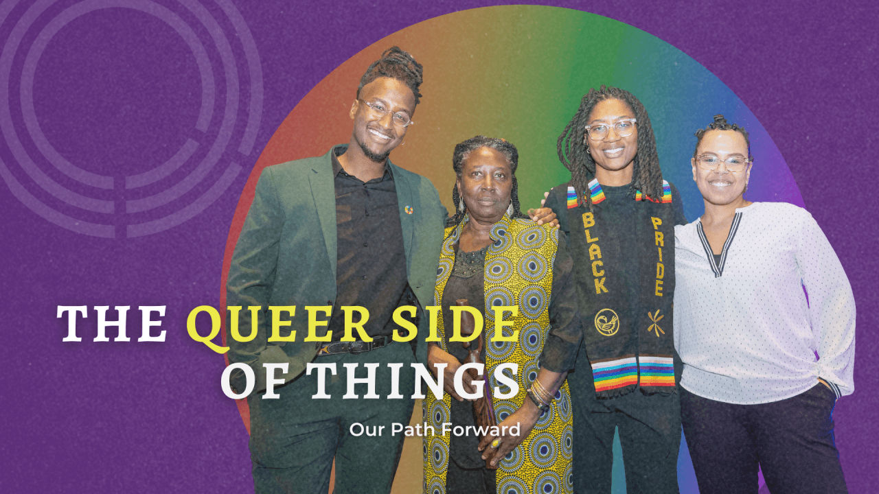 A group of four individuals stands together, embracing a rainbow theme, with bold text reading "THE QUEEN KING OF THINGS."