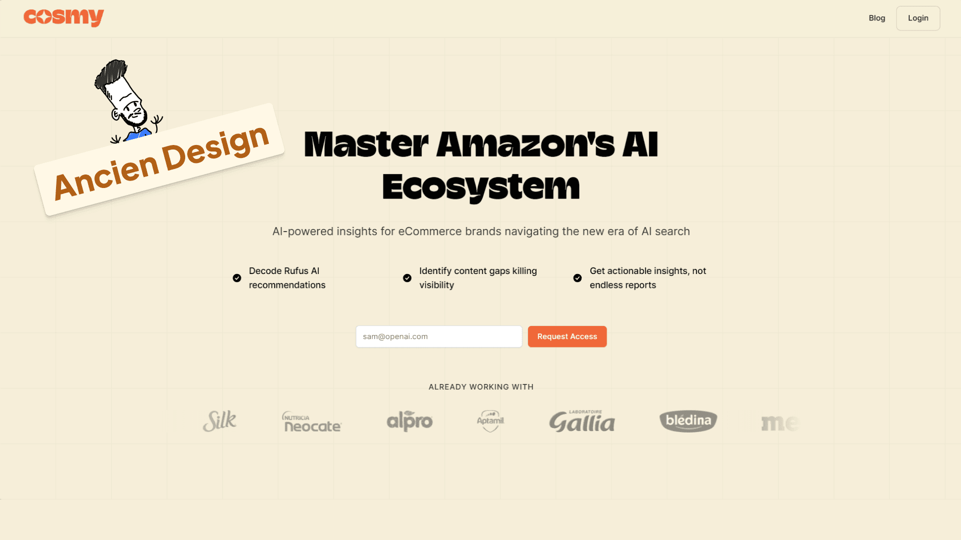 Ancien hero section de Cosmy