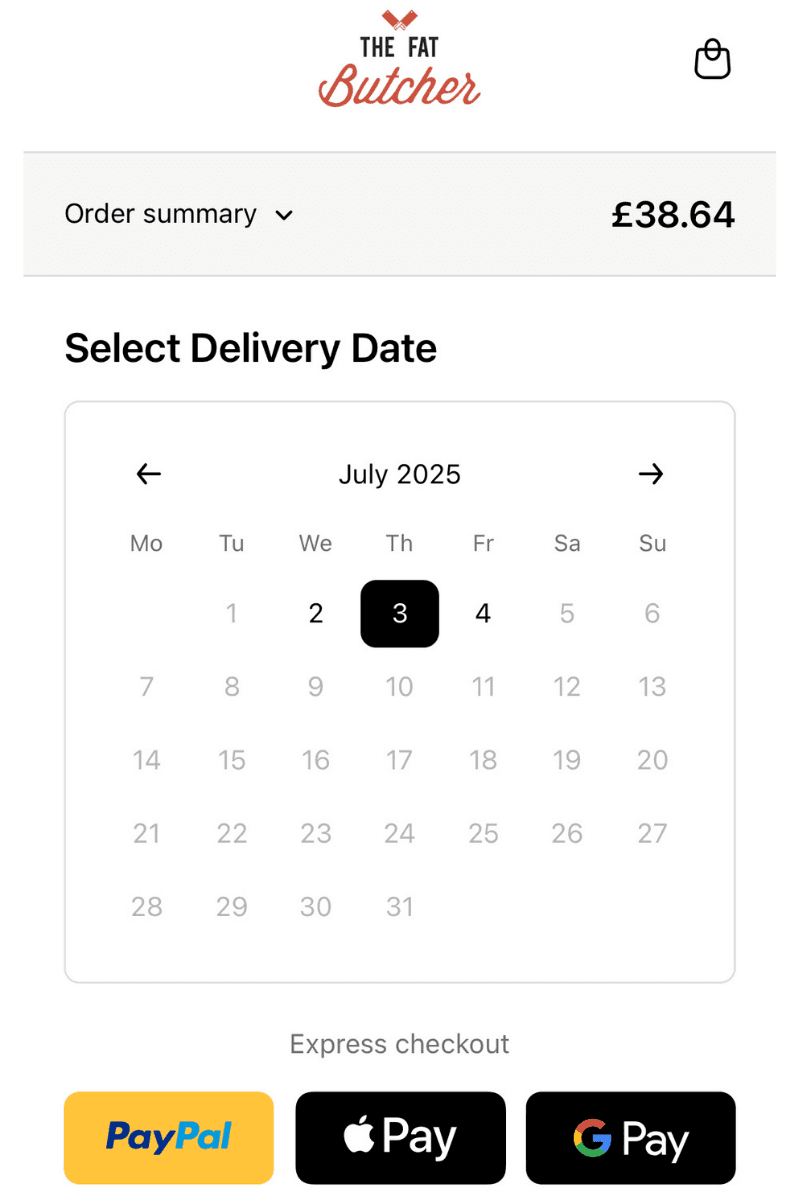 Flare delivery date picker shown at Shopify checkout — customer selecting a delivery date