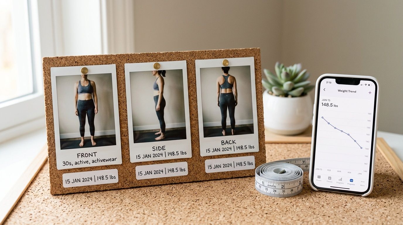 A fitness progress board with three photos, weight, and a phone displaying a declining weight trend graph.