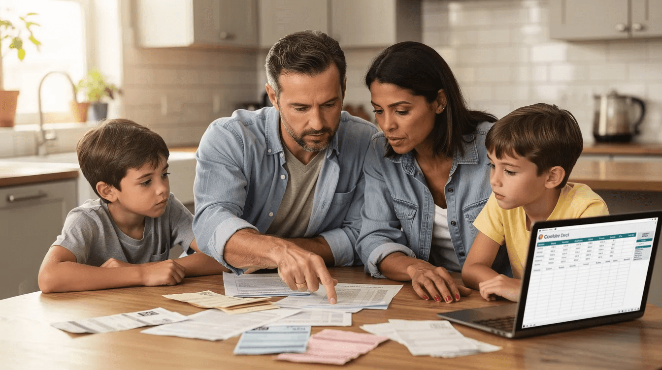 A family is gathered around a kitchen table, reviewing financial documents together, emphasizing the importance of communication in managing money and relationships. The scene highlights the power of saying no to avoid pressure to lend money, as they discuss their financial plans and responsibilities.